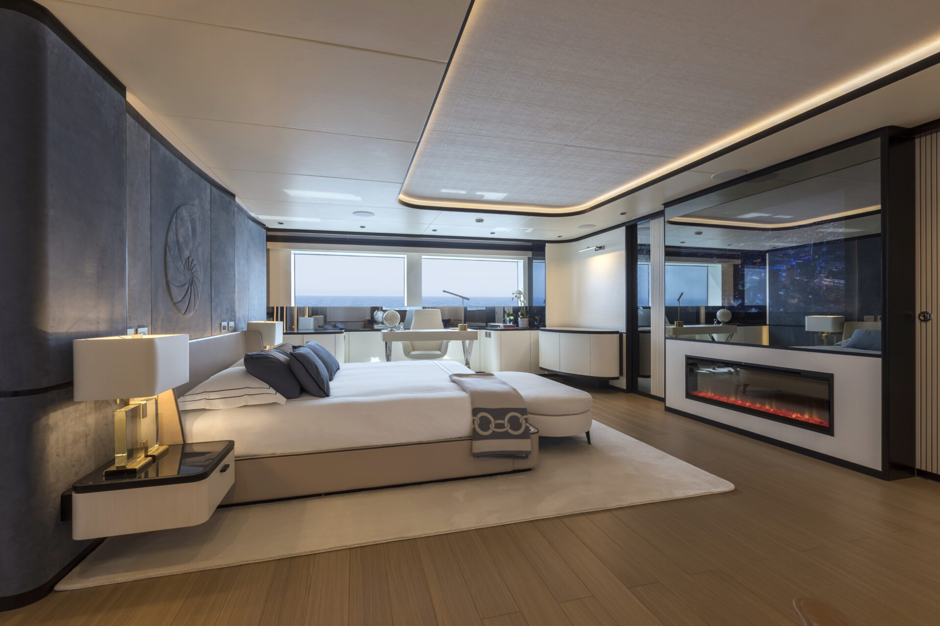 Elegant master suite on luxury Mangusta yacht