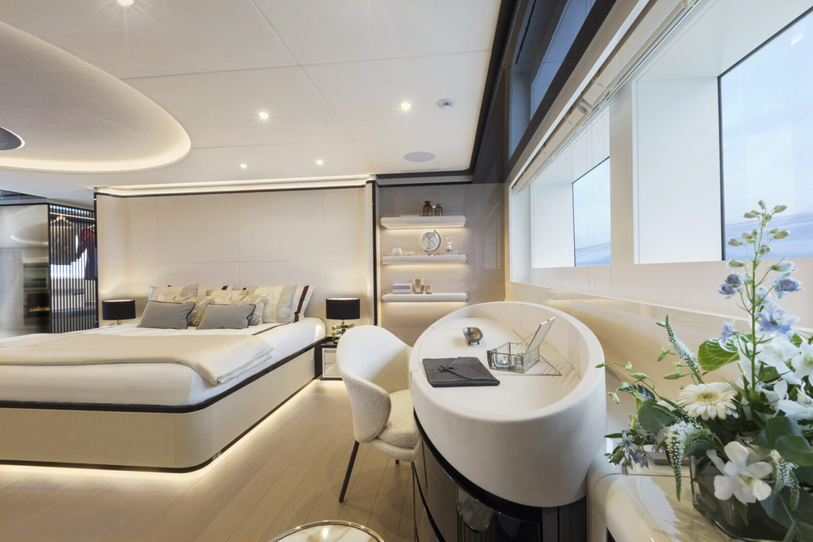 Luxury yacht master bedroom interior design.