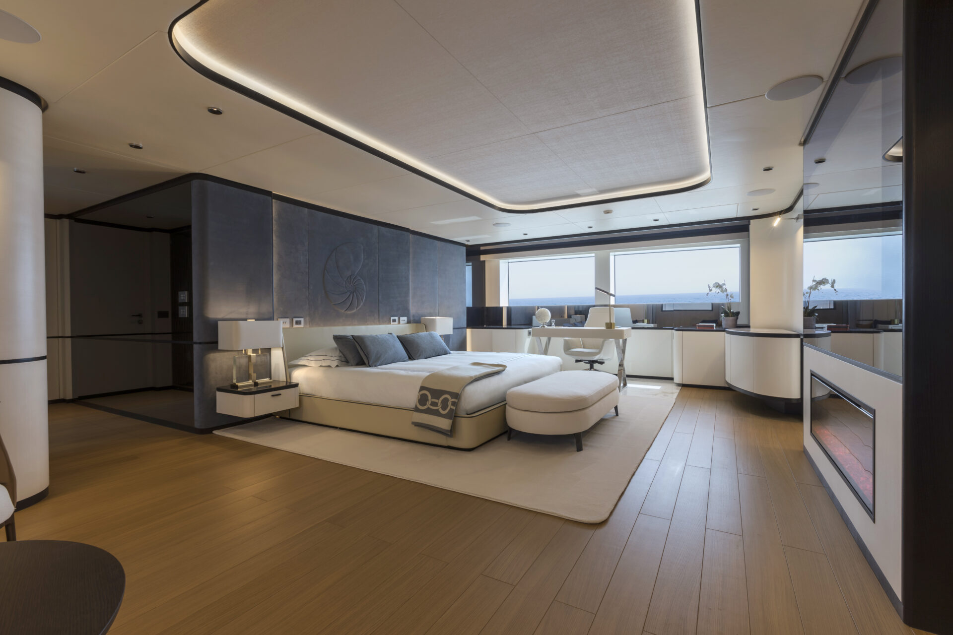 Luxurious yacht bedroom with modern design.