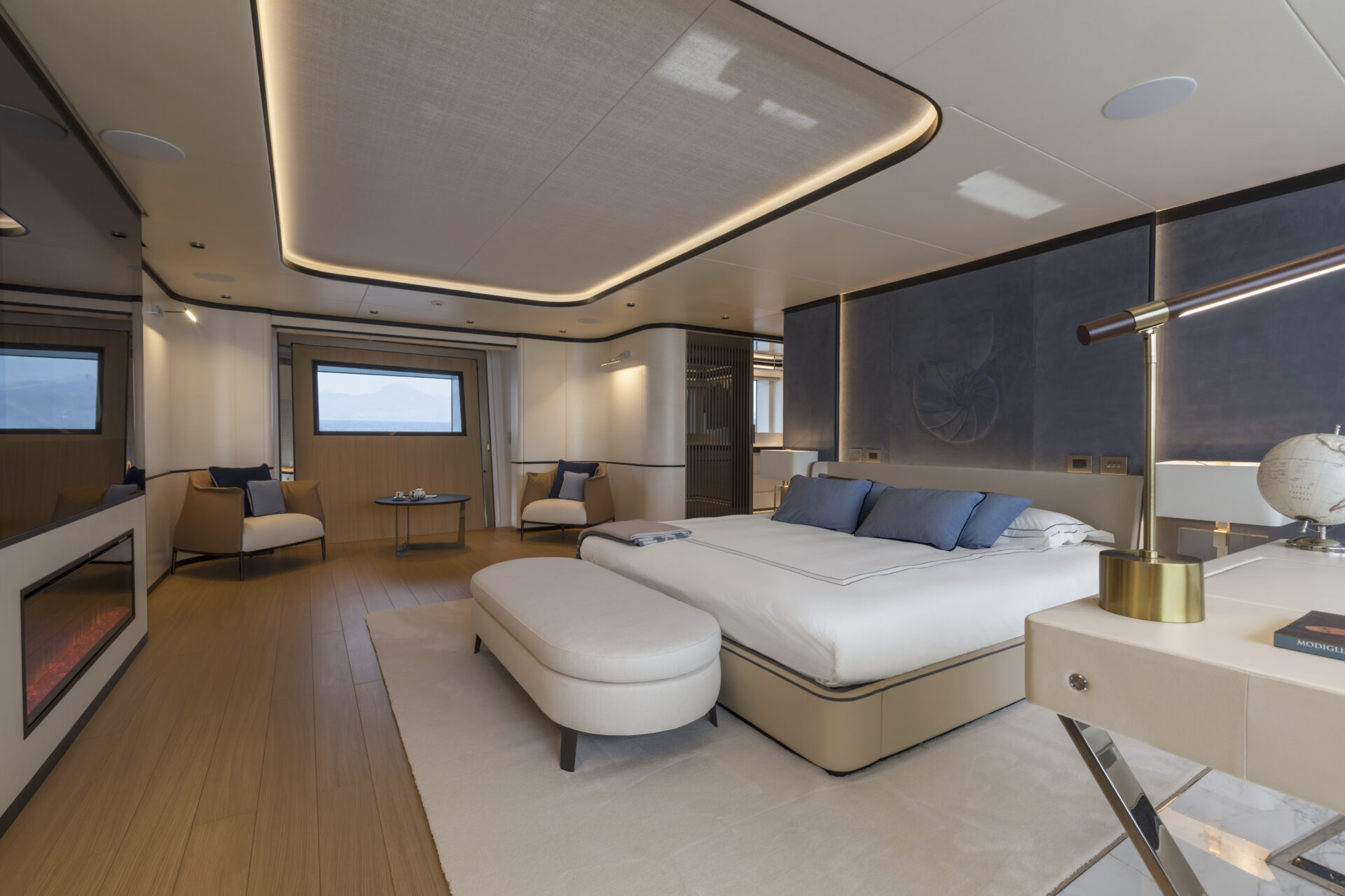 Luxury Mangusta yacht master suite interior decor