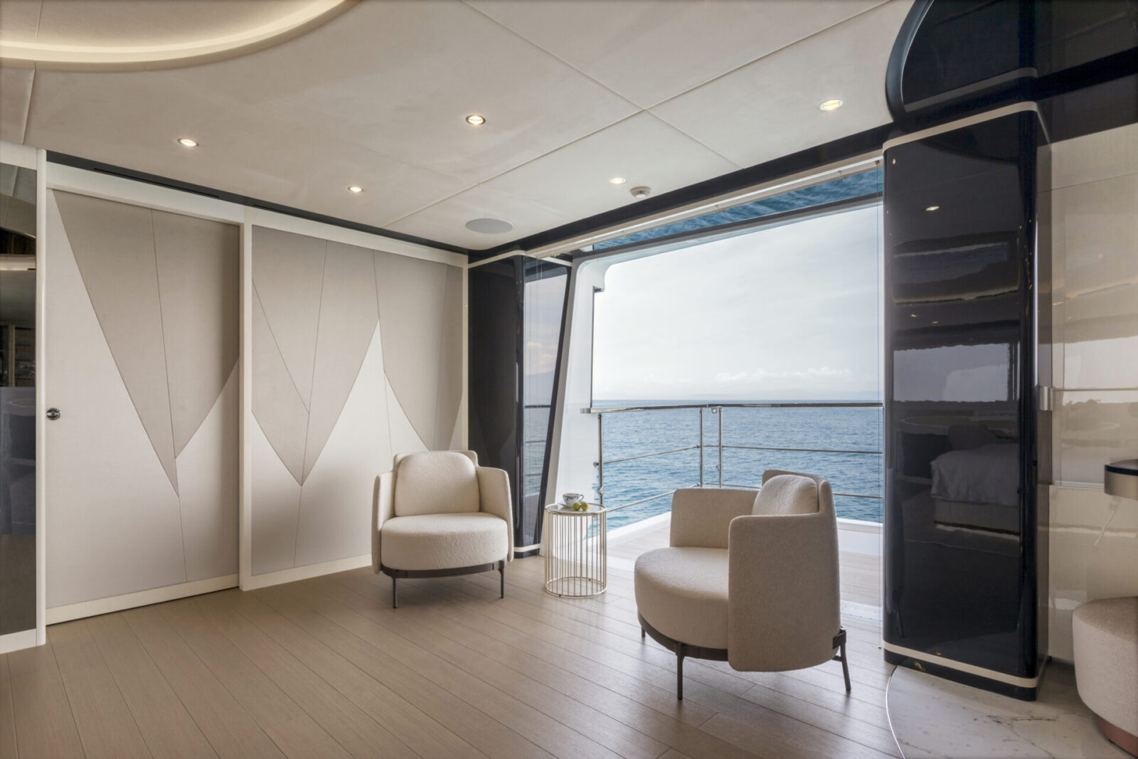 Luxurious yacht lounge with ocean view.