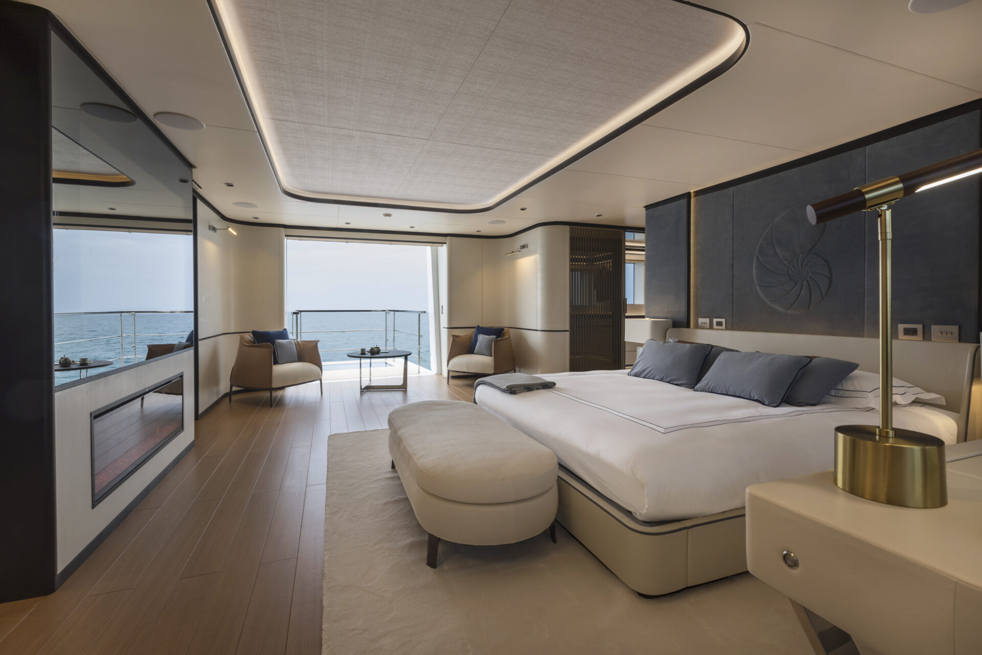 Luxurious Mangusta yacht master bedroom.