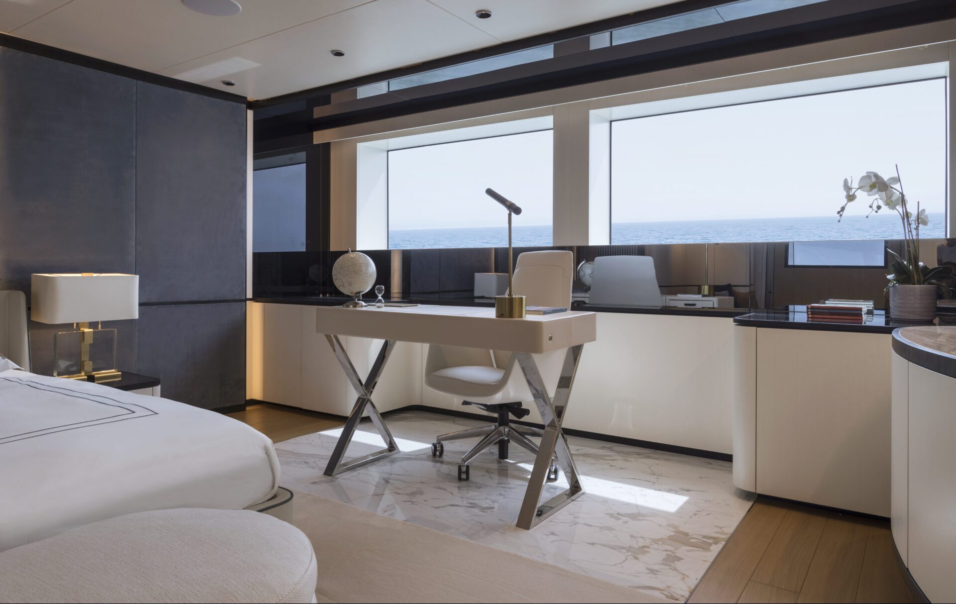 Luxurious yacht interior office with ocean view