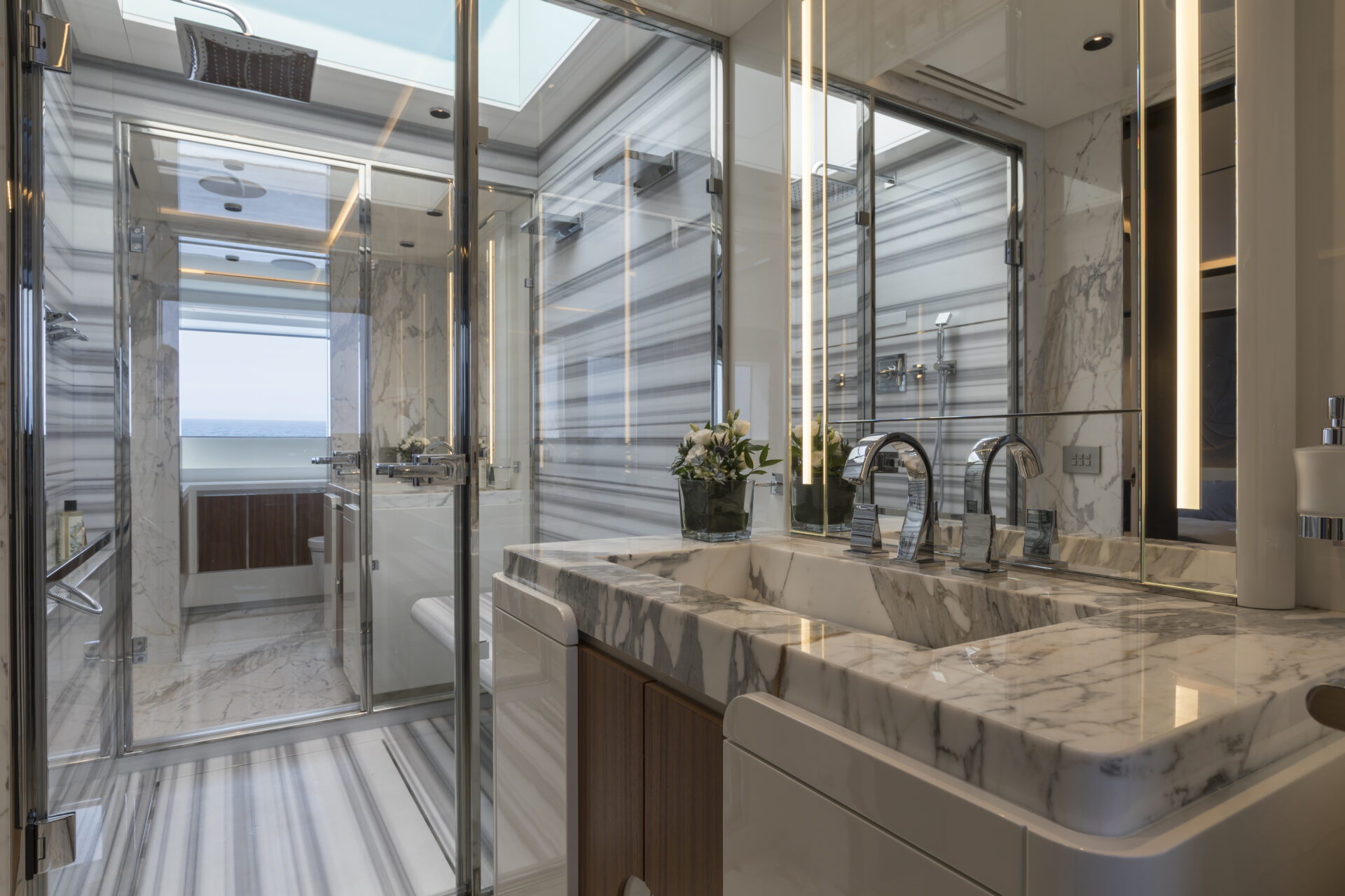 Luxurious marble bathroom on Mangusta yacht
