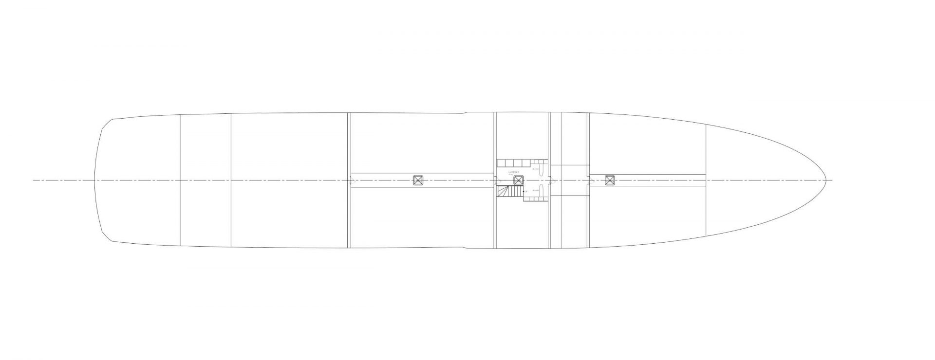 Schema della pianta del ponte di Mangusta Yachts.