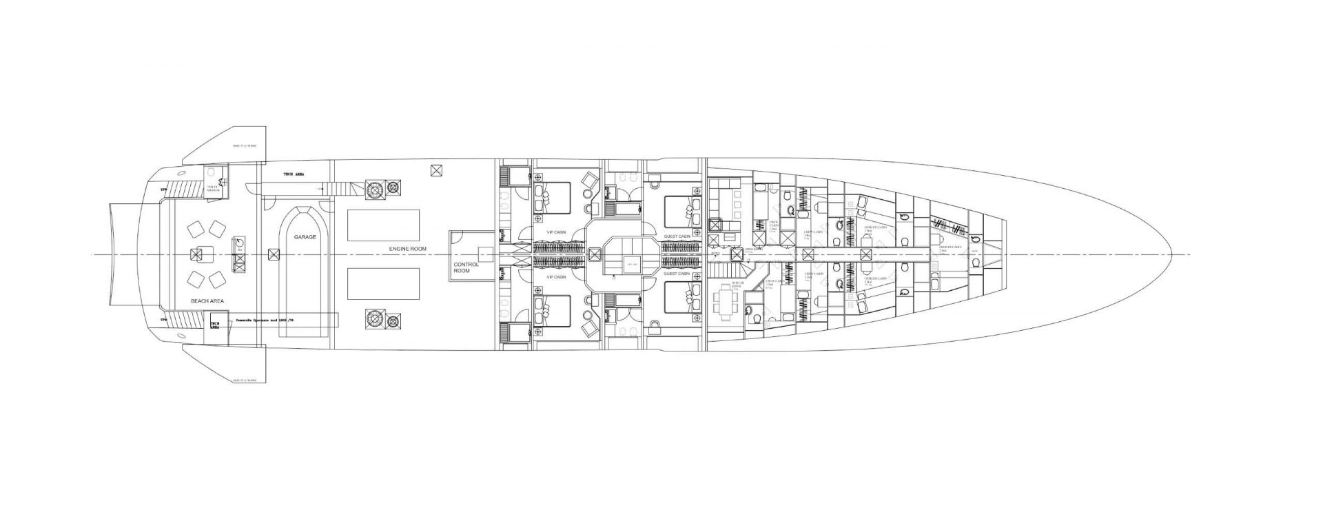 Planimetria interna dettagliata yacht Mangusta