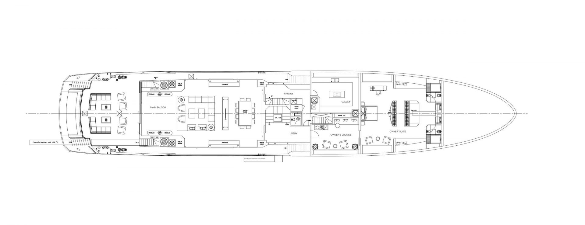 Layout ponte principale Mangusta Yachts.