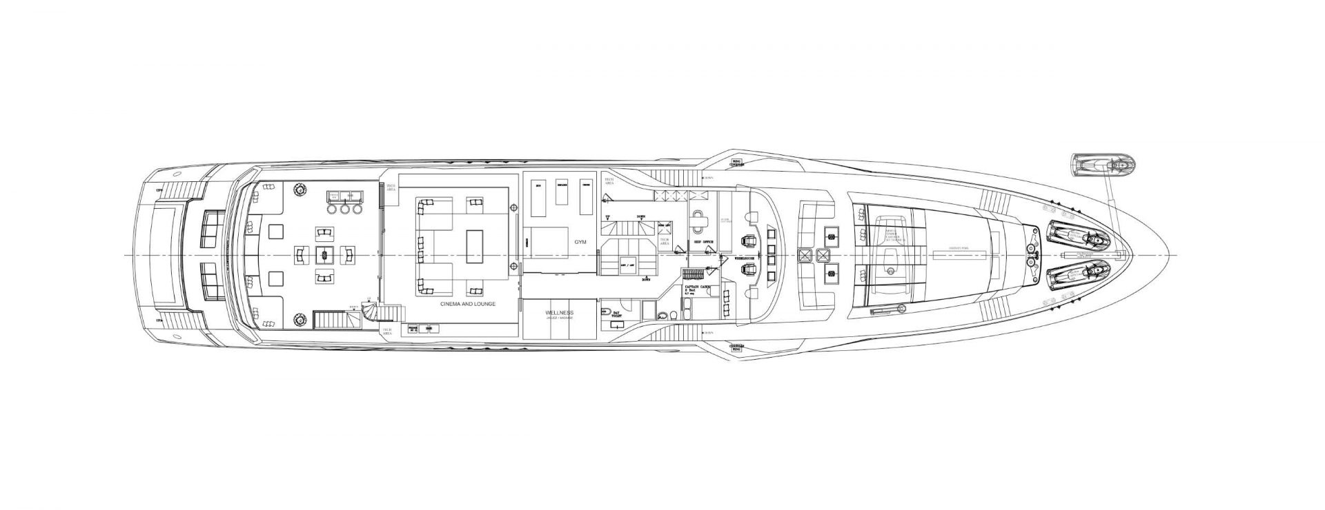 Layout tecnico yacht Mangusta con aree cinema e palestra.