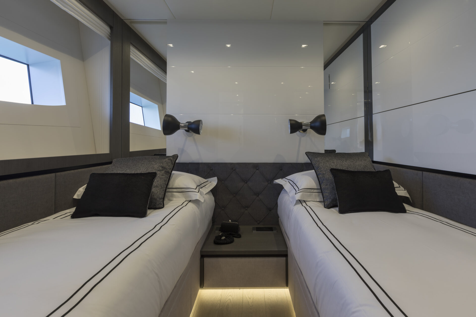 Luxurious Mangusta Yachts twin cabin interior