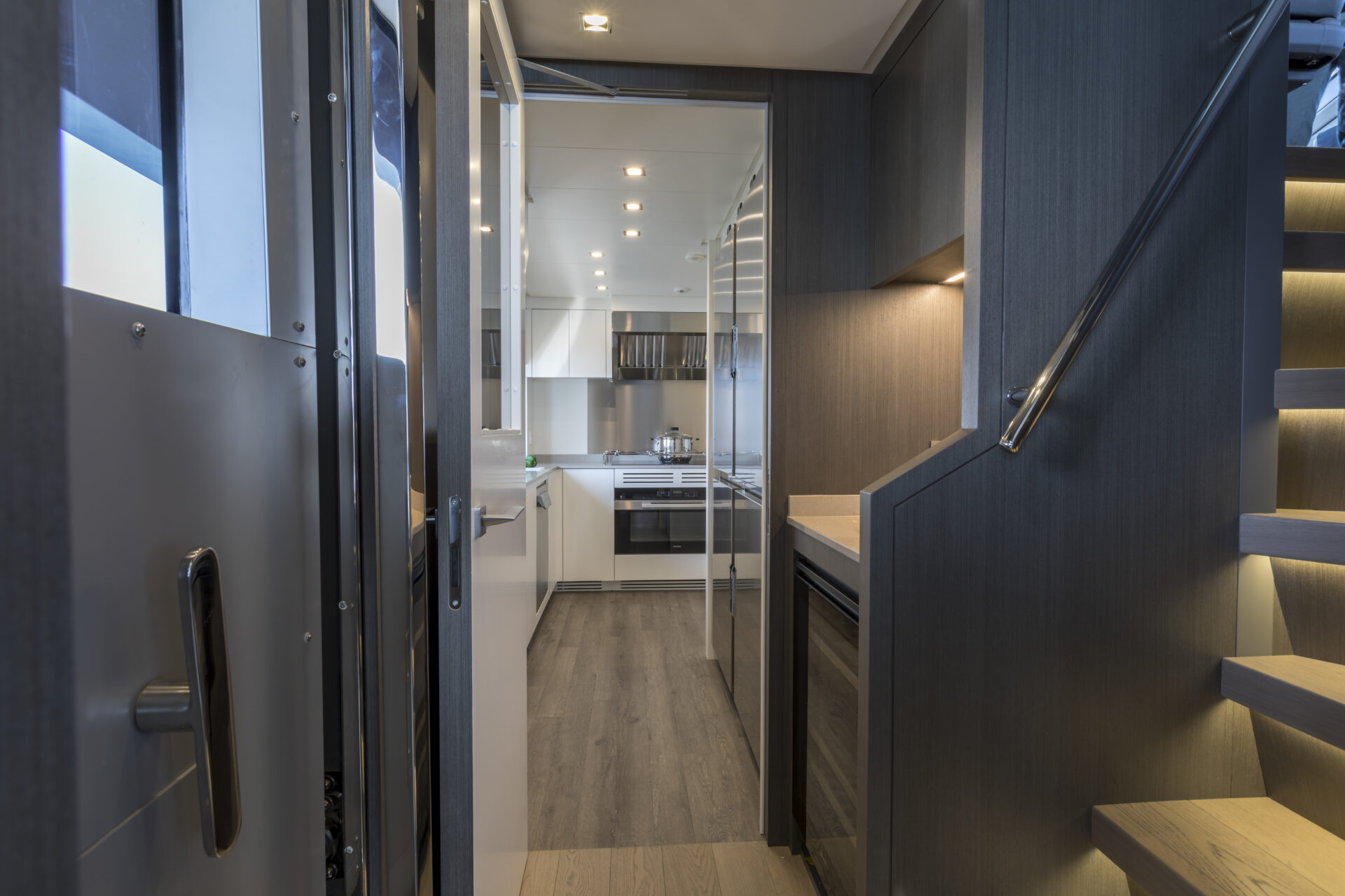 Luxurious yacht interior with sleek kitchen design