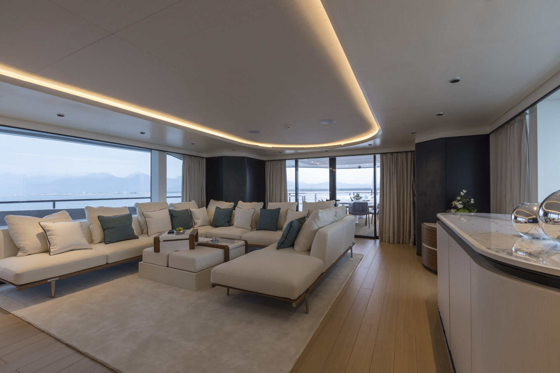 Luxurious Mangusta Yachts interior lounge area