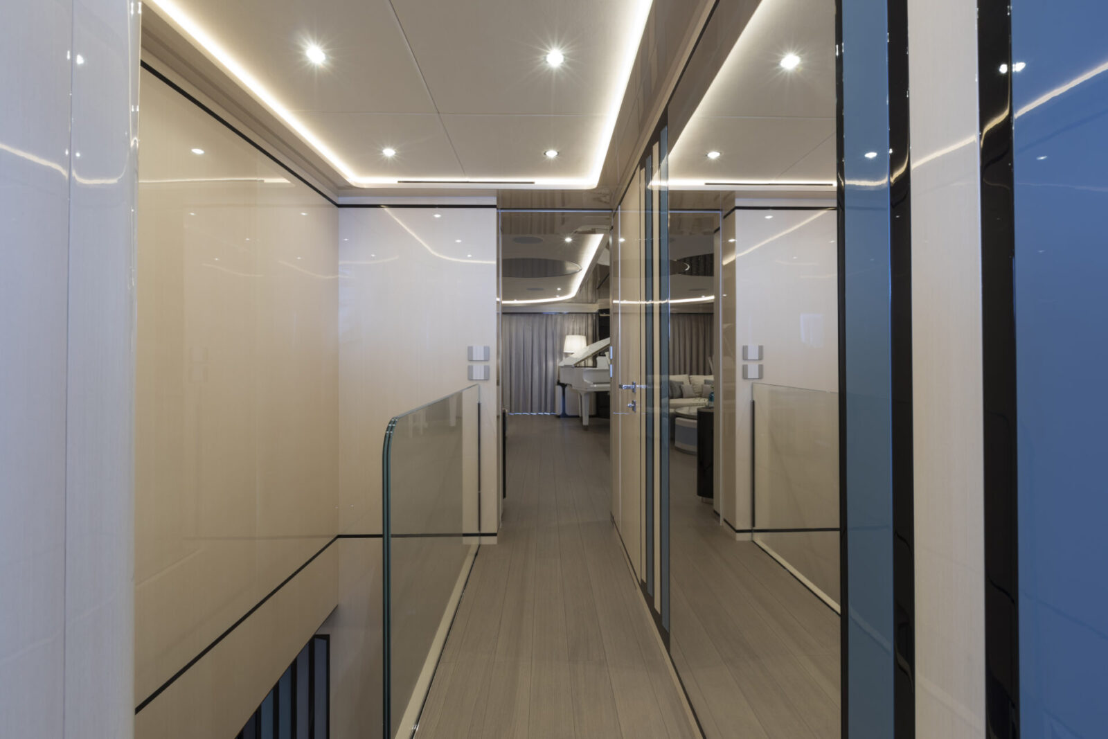 Luxurious hallway on Mangusta yacht interior