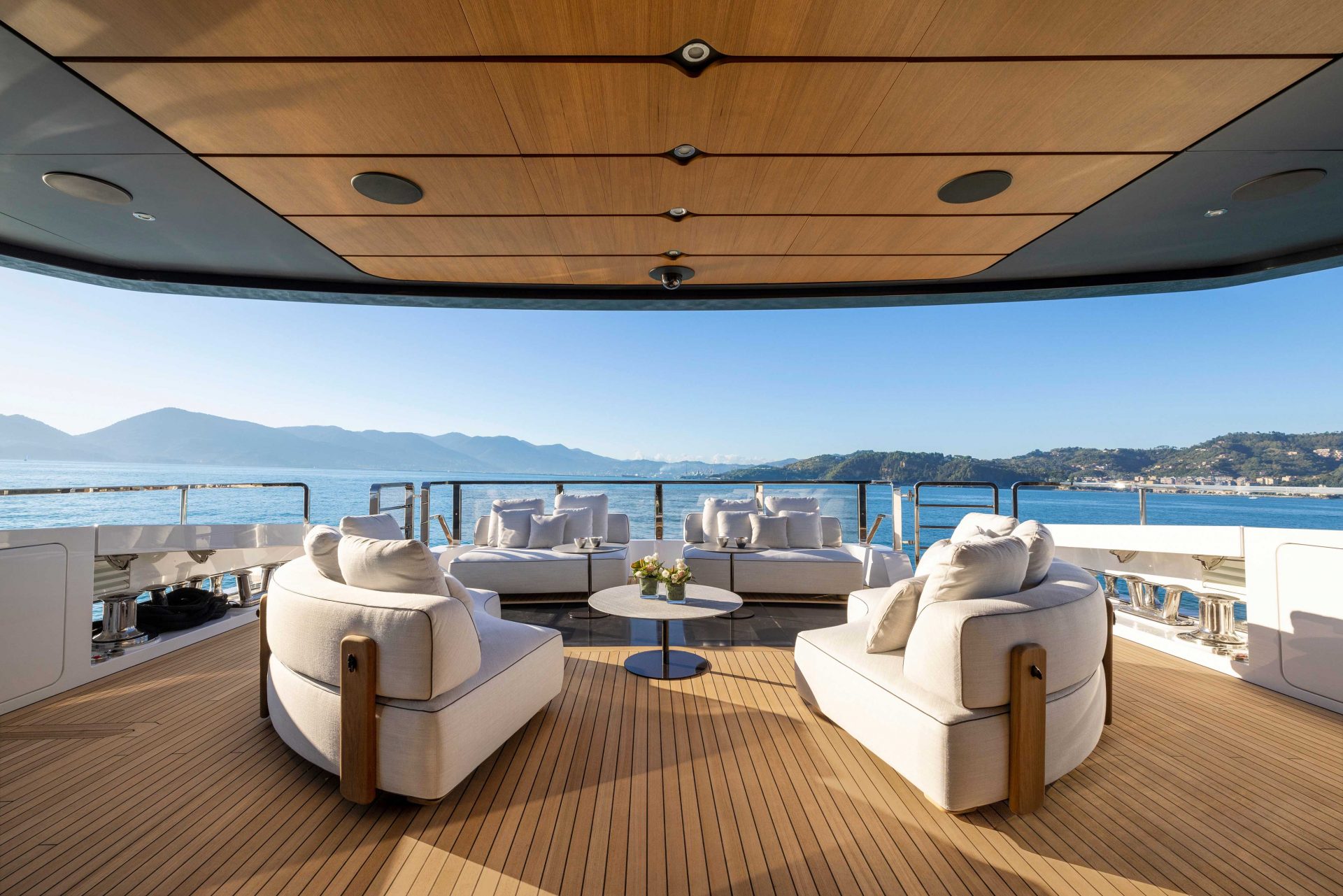 Luxurious deck lounge on Mangusta Yacht, ocean view
