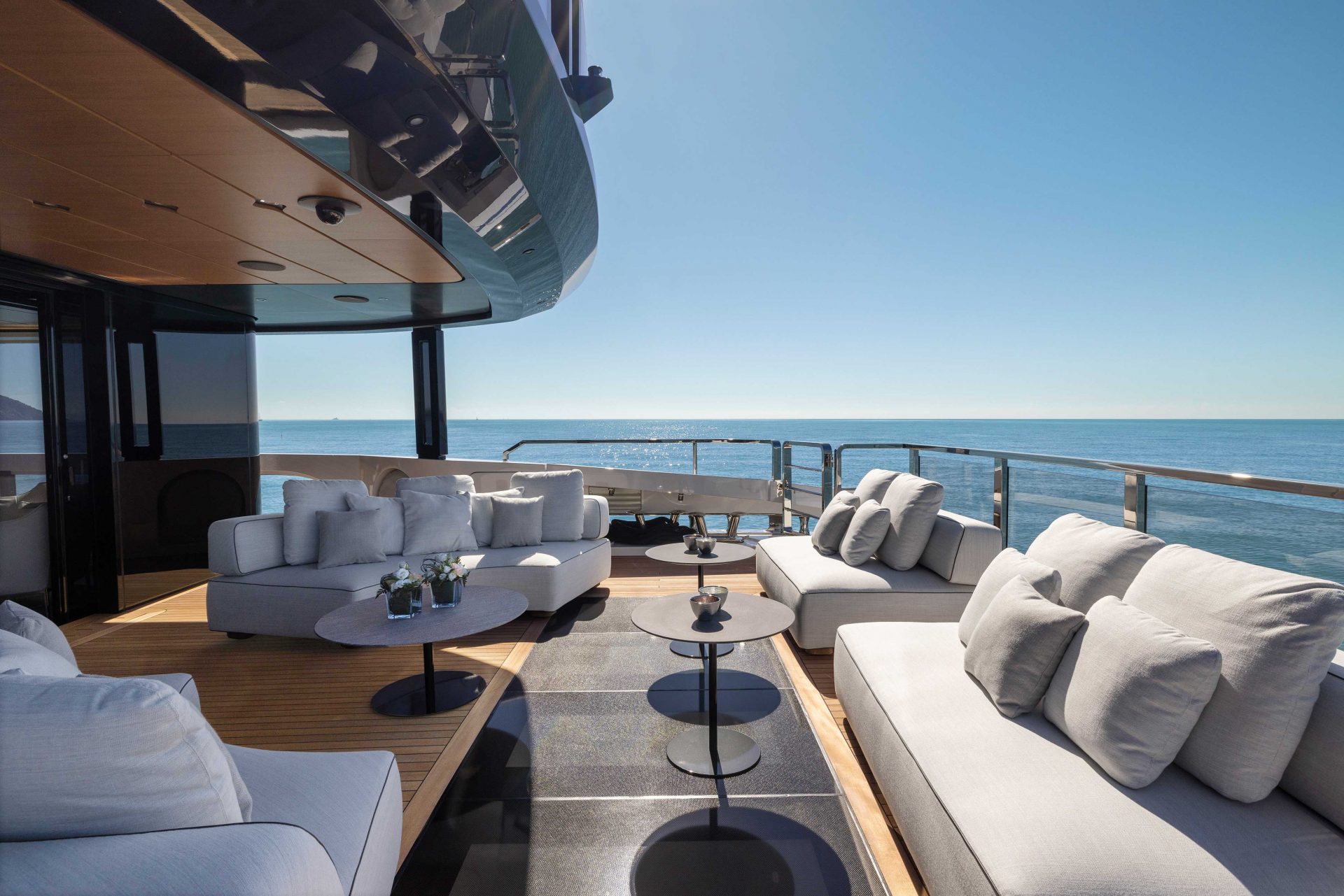 Luxurious lounge area on Mangusta yacht deck
