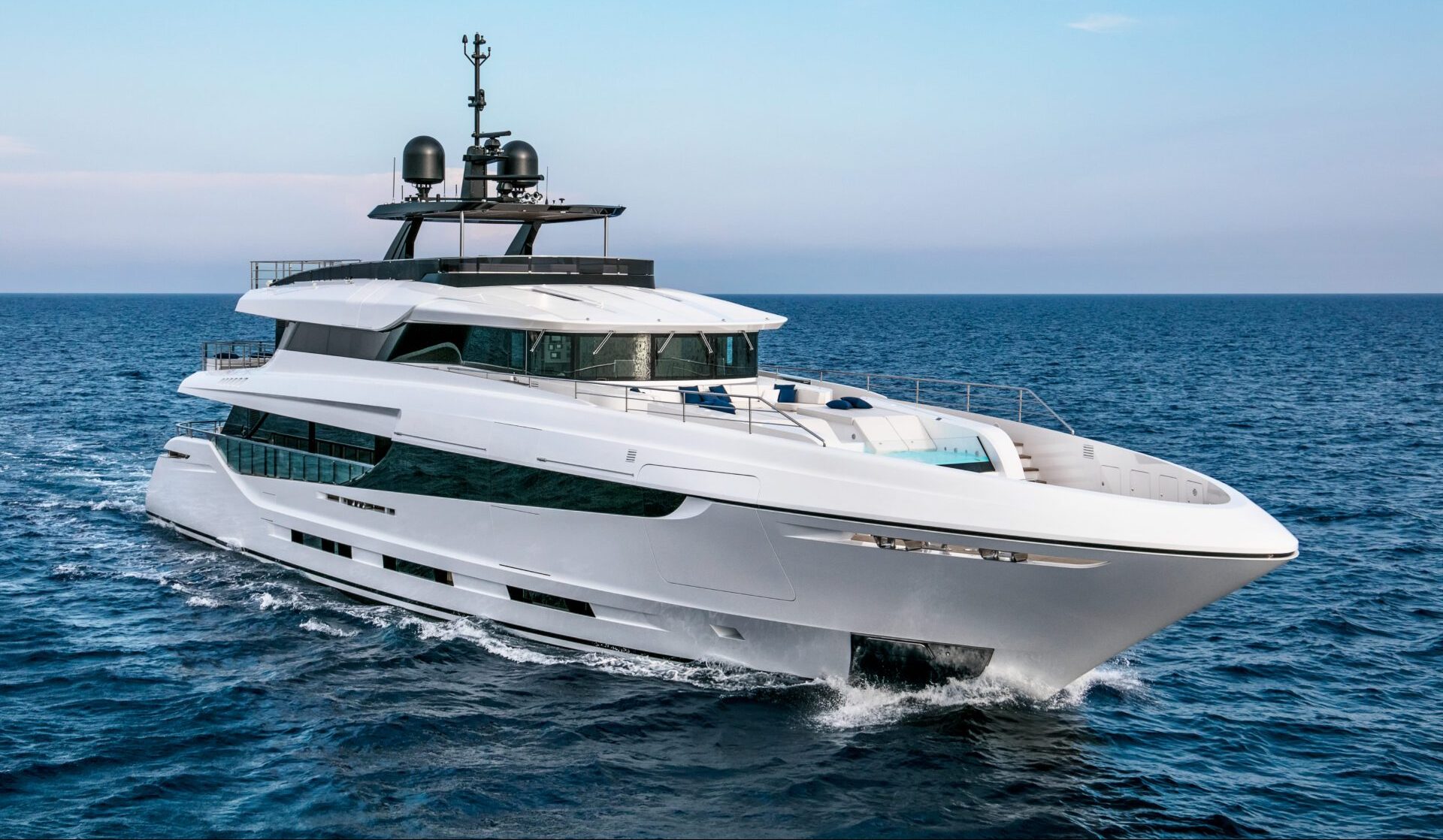 Luxury Mangusta yacht in open sea.