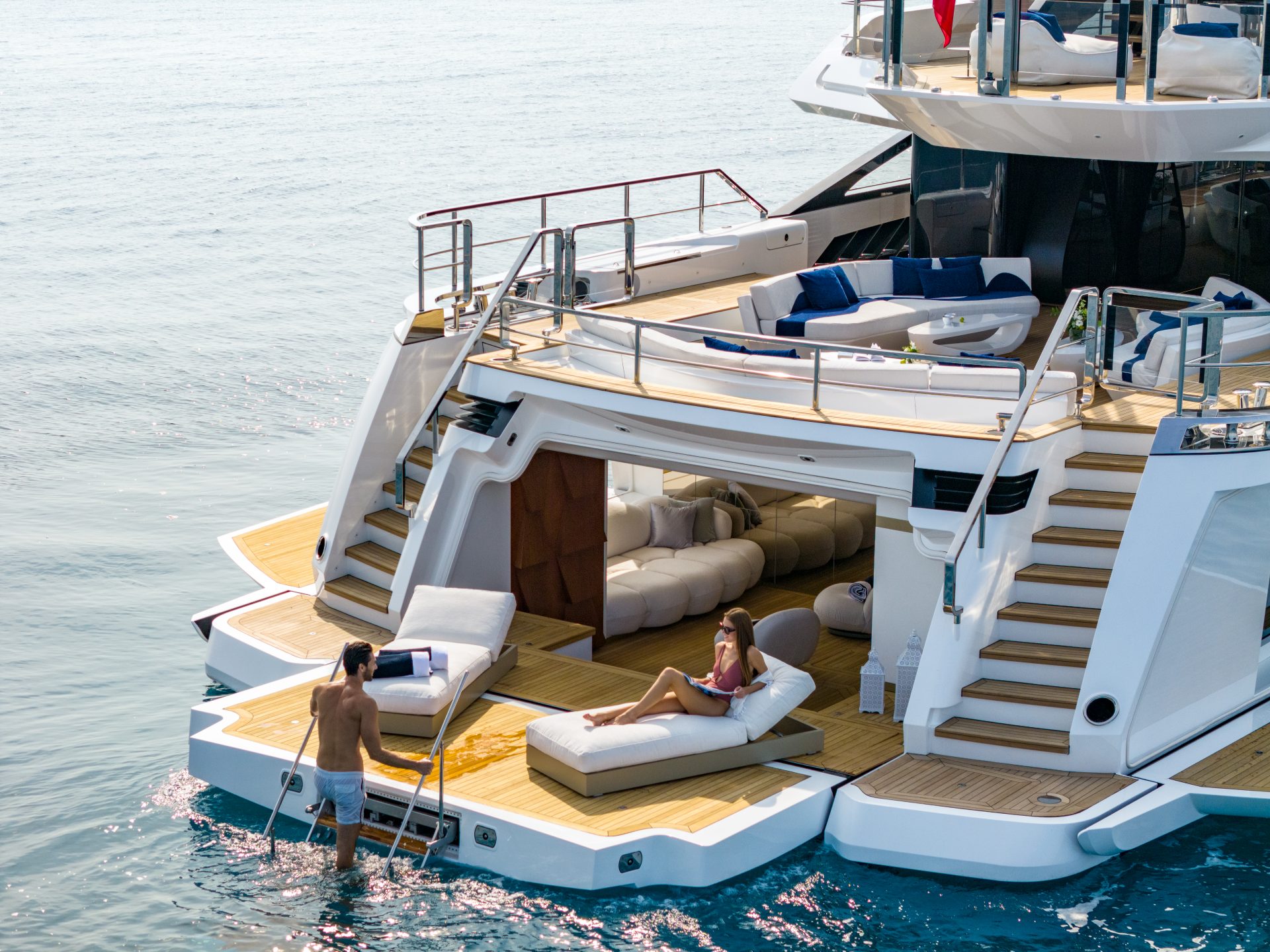 Luxury Mangusta Yacht with relaxing sun deck.