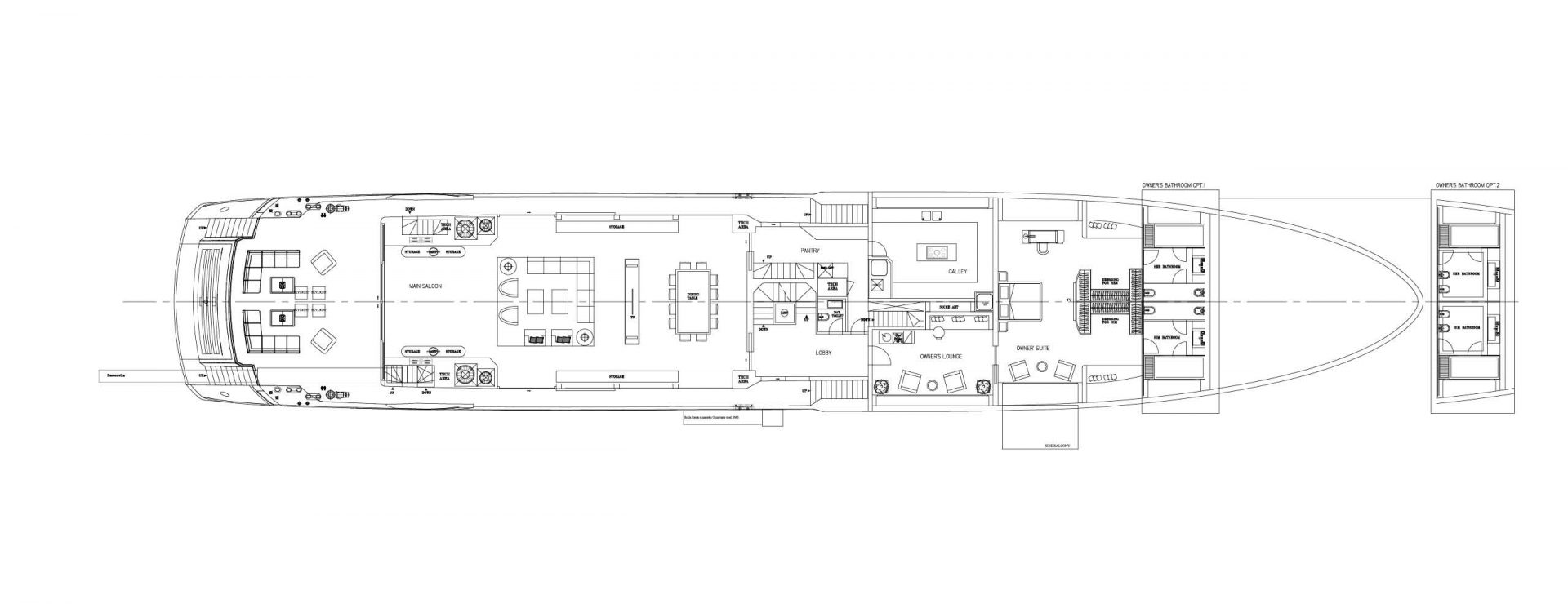 Planimetria interni Mangusta Yachts dettaglio spazi.