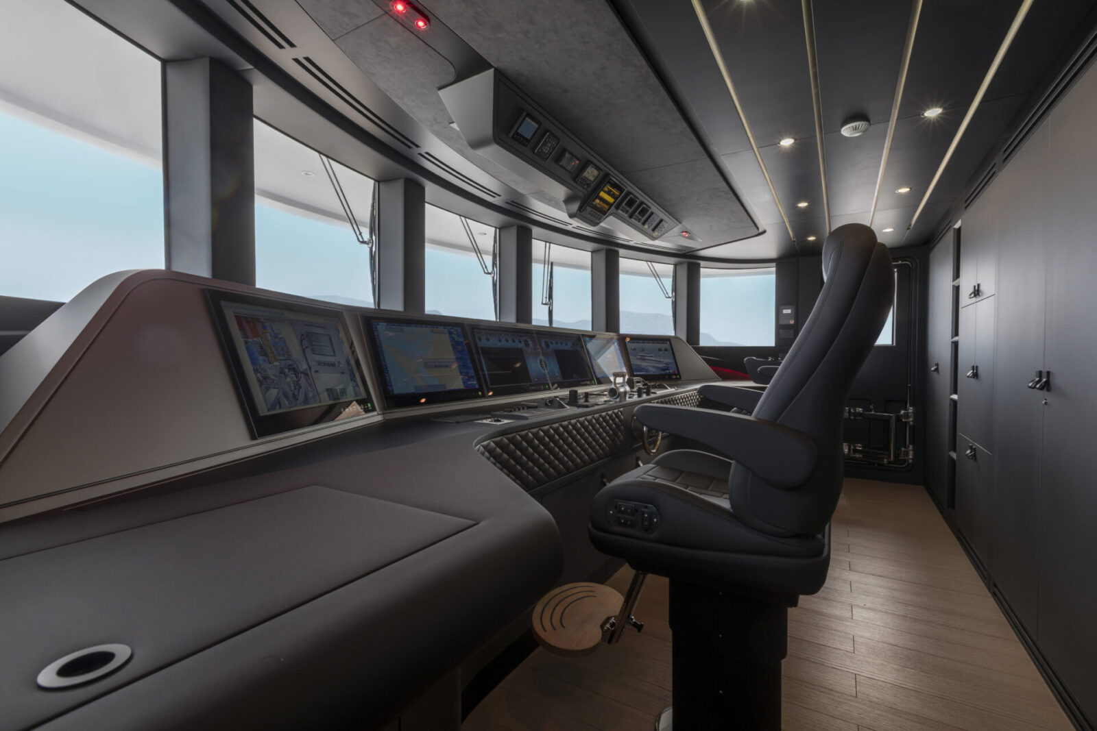 Mangusta Yachts command deck with control screens