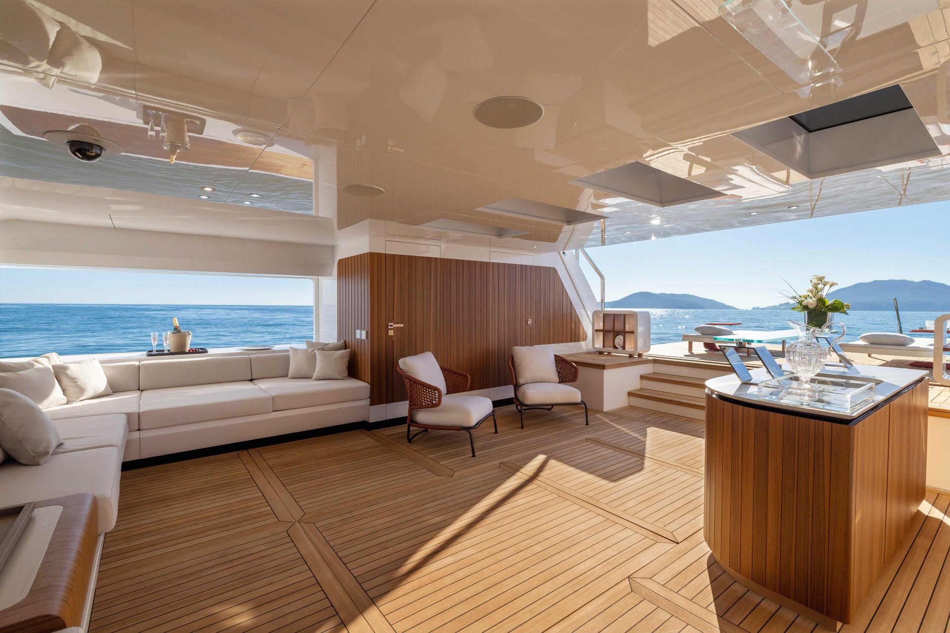 Luxurious Mangusta Yachts deck with sea view