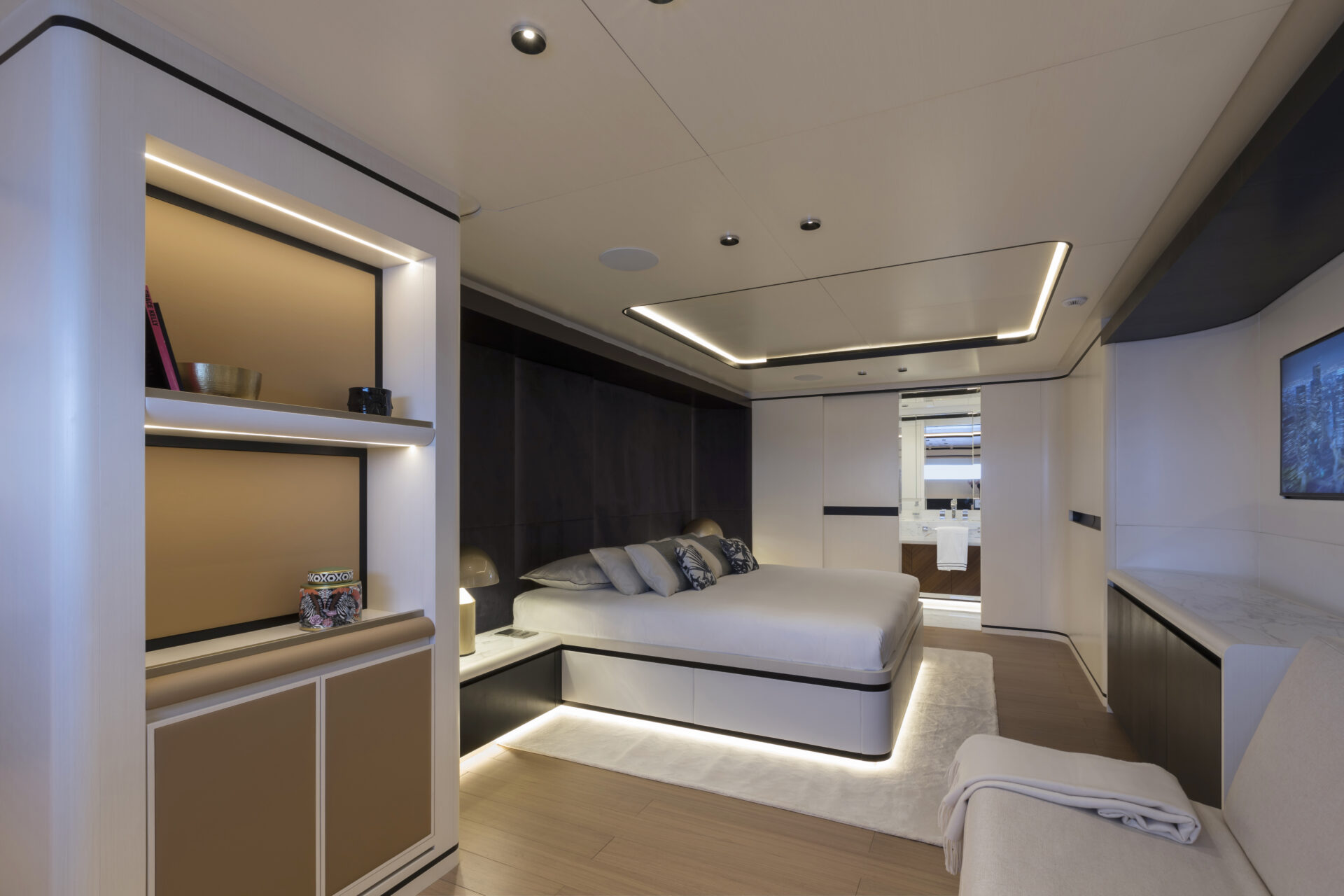 Luxurious bedroom interior on Mangusta Yacht.
