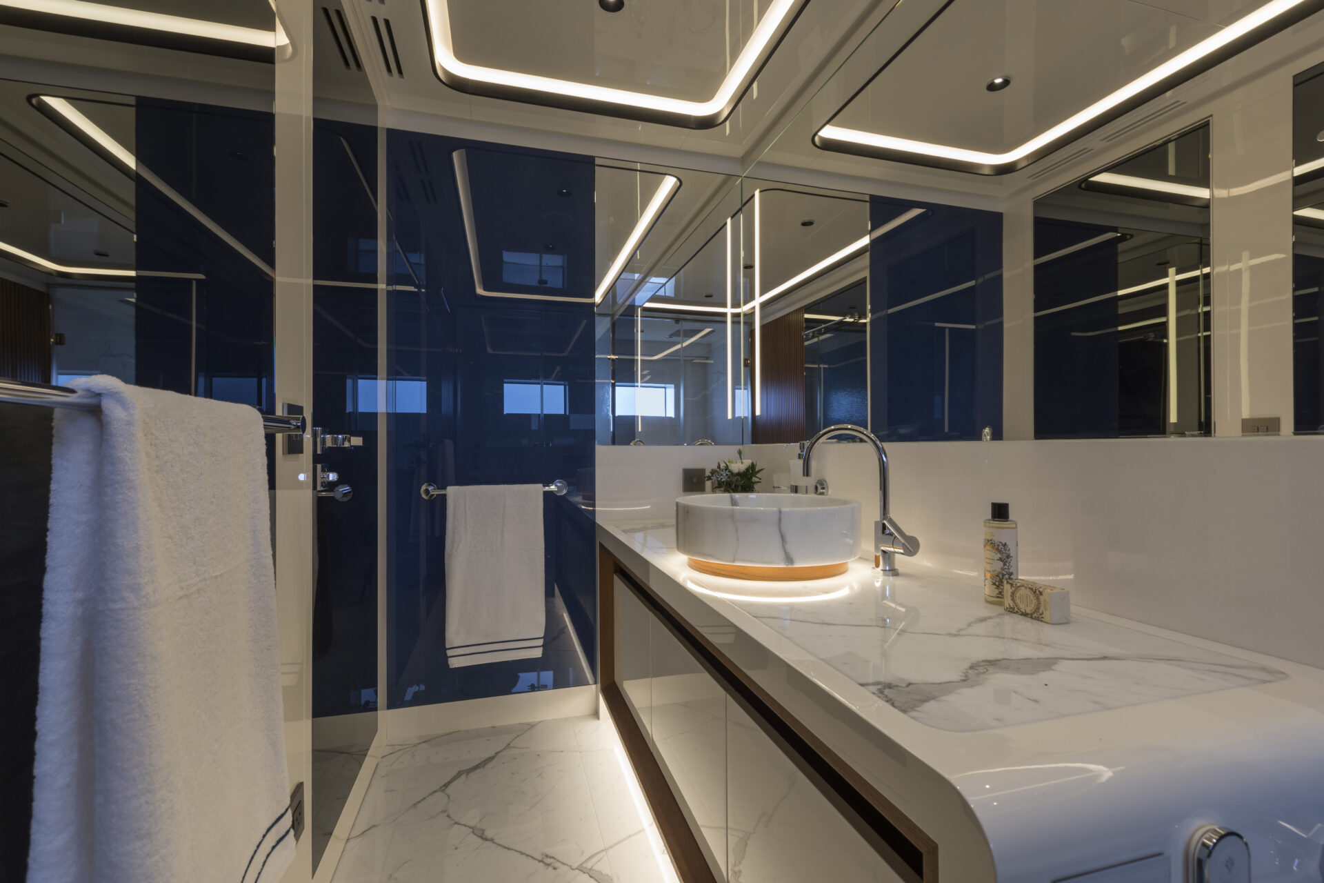 Luxurious Mangusta yacht bathroom interior design