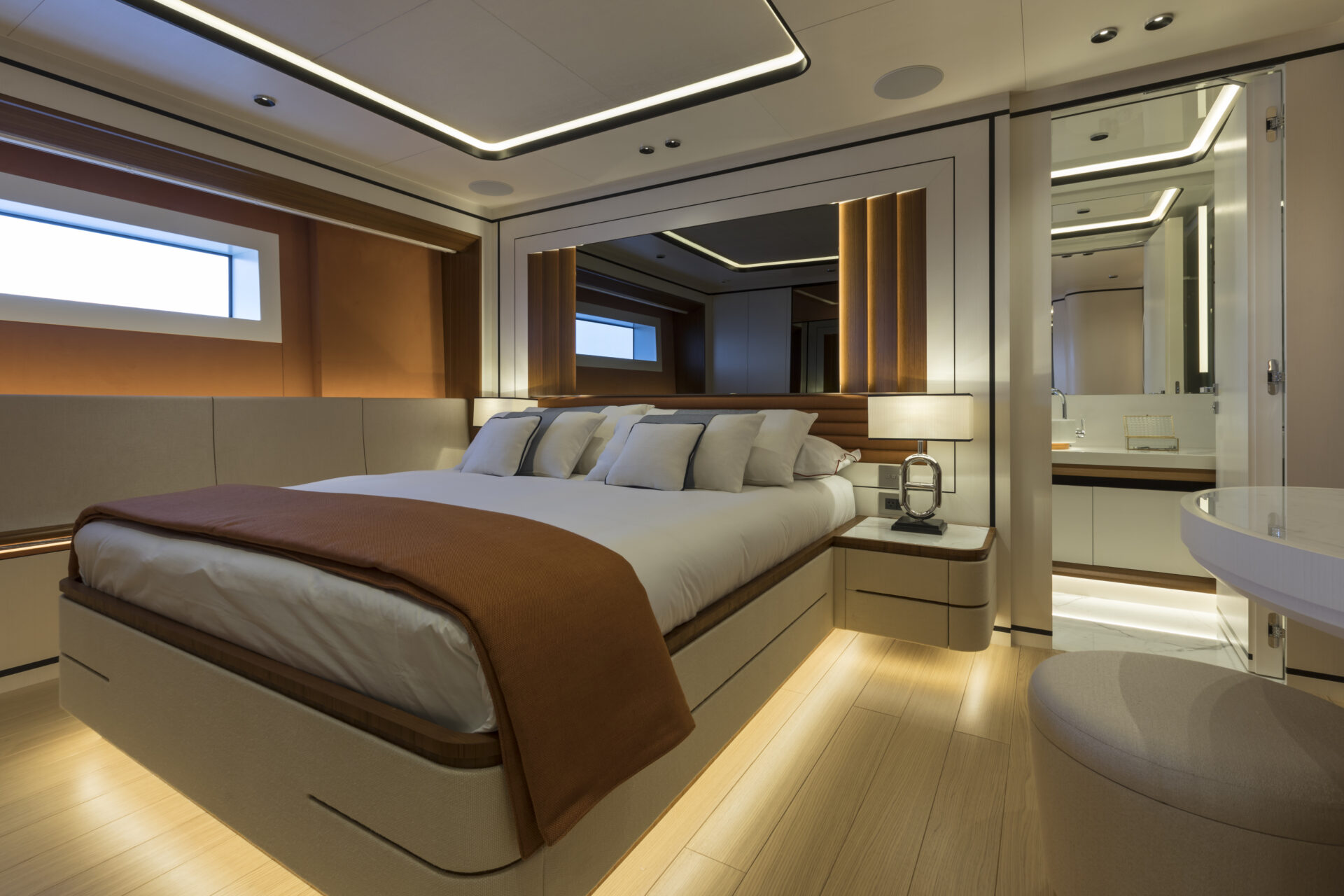 Luxurious yacht bedroom with modern design
