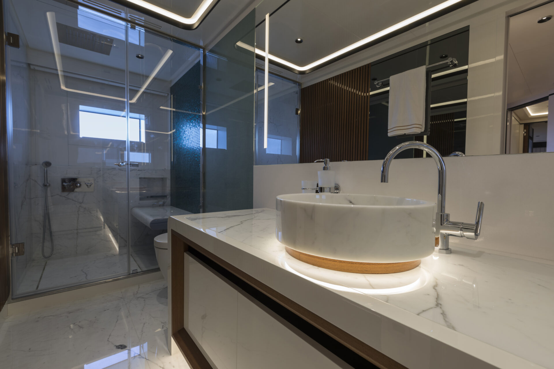 Luxury yacht bathroom with marble finish