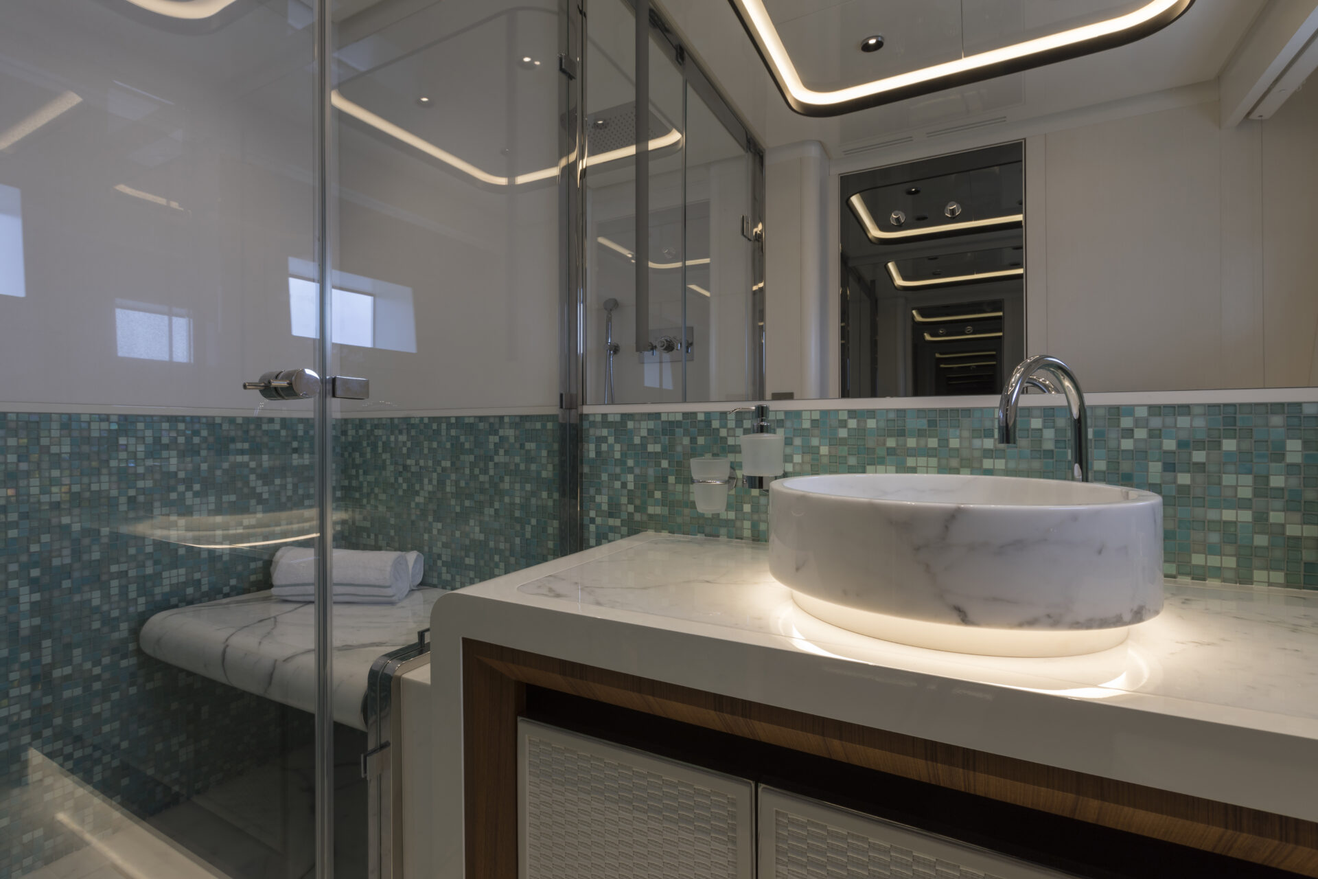 Luxurious yacht bathroom with marble sink