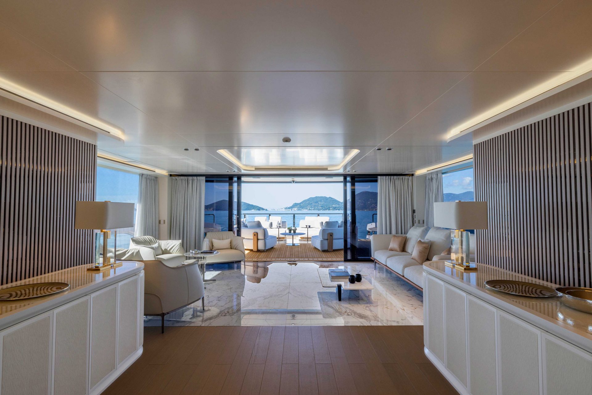 Luxurious Mangusta yacht interior lounge.