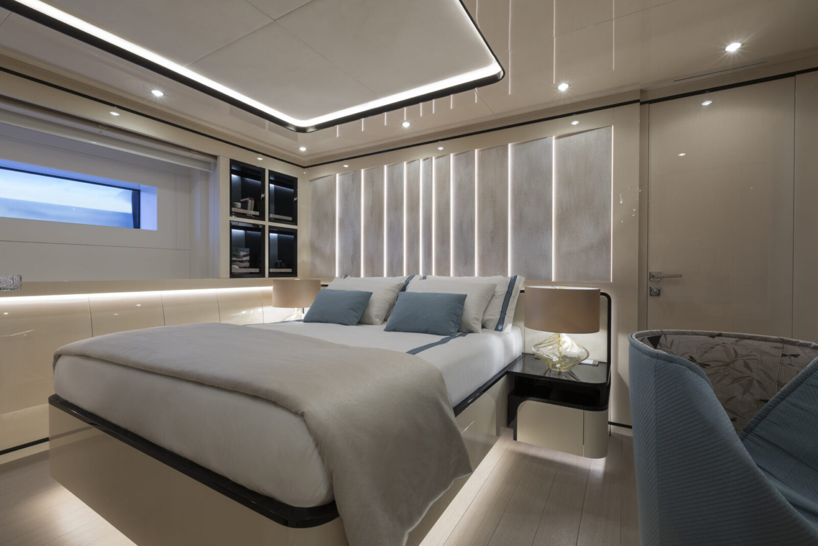 Luxurious bedroom interior on Mangusta Yacht.