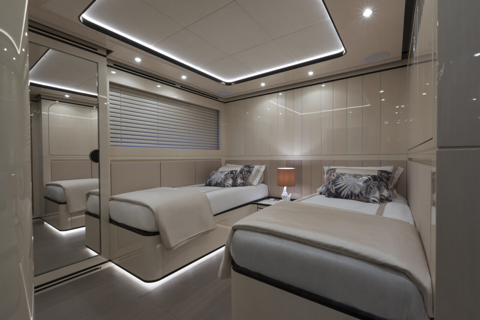 Luxurious twin cabin on Mangusta yacht interior
