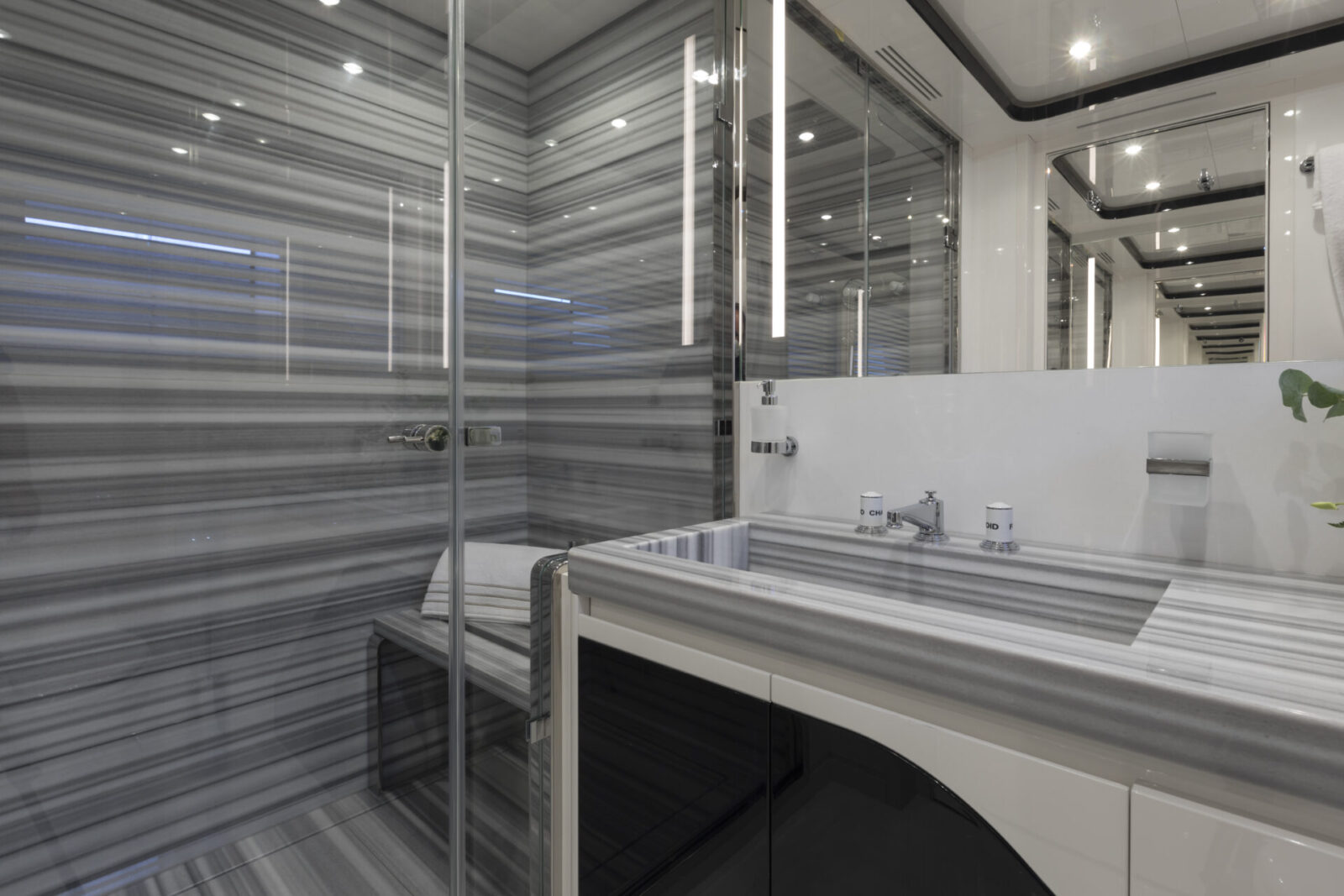 Luxurious yacht bathroom with marble accents