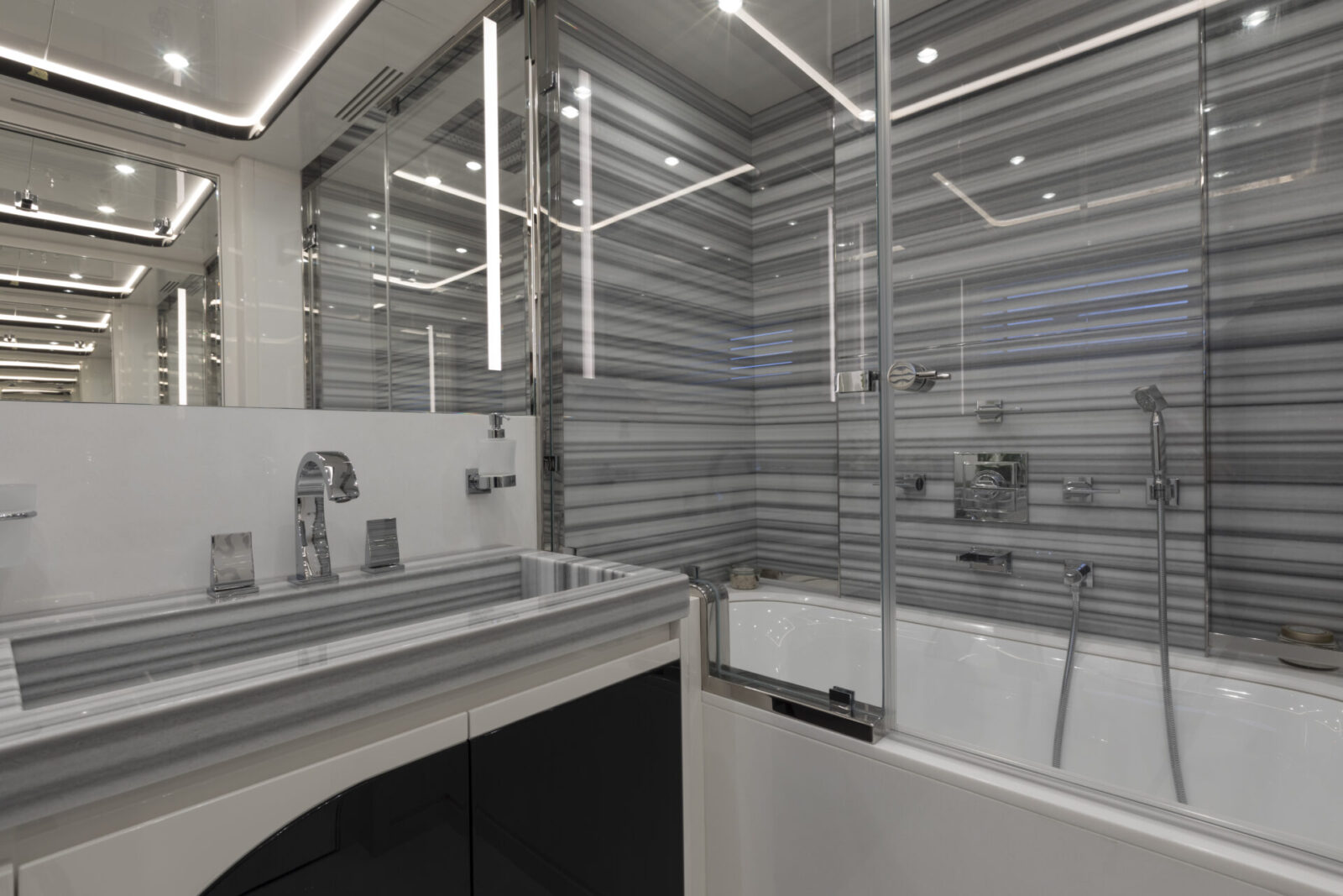 Luxurious yacht bathroom with elegant marble.