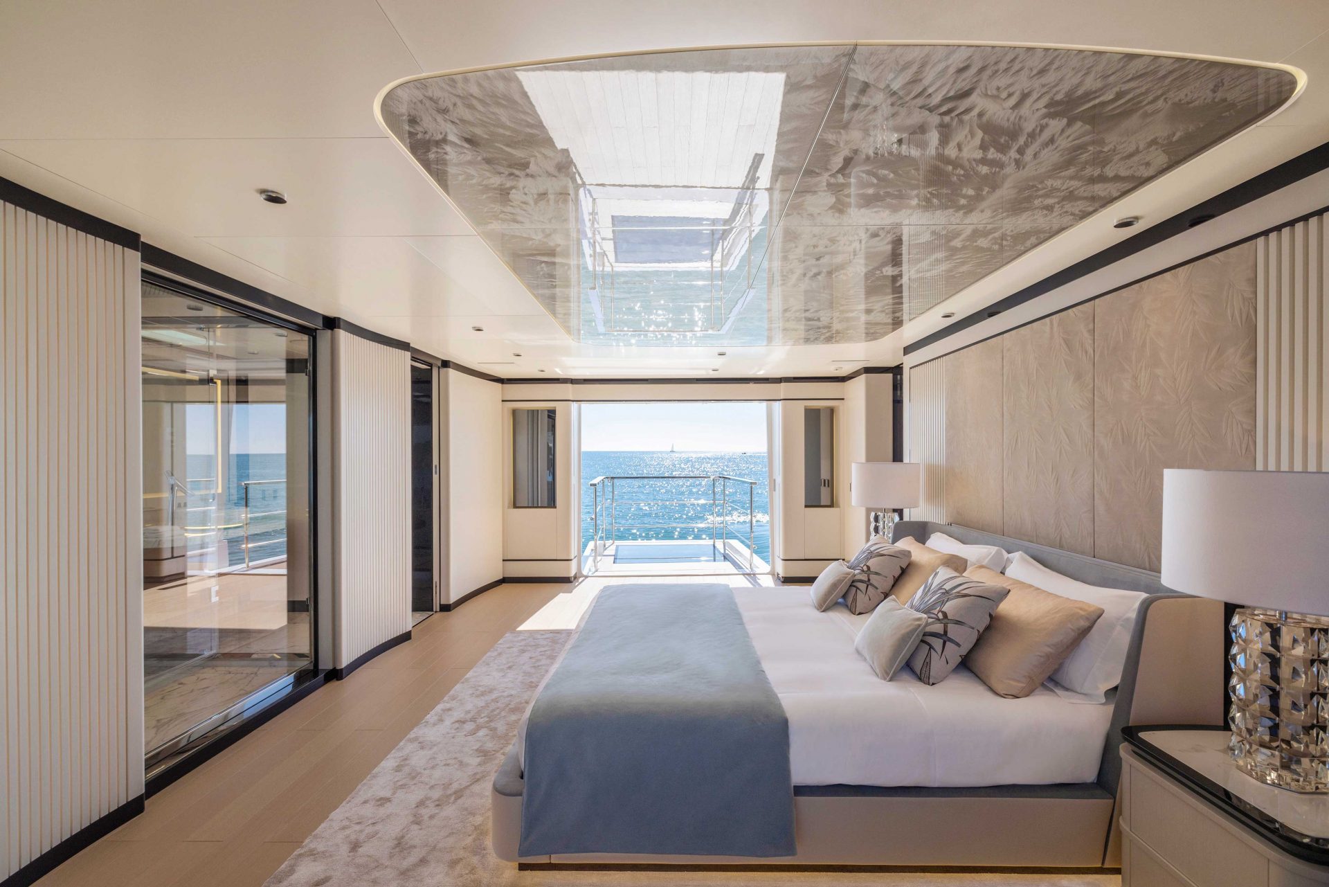 Luxurious yacht bedroom with ocean view
