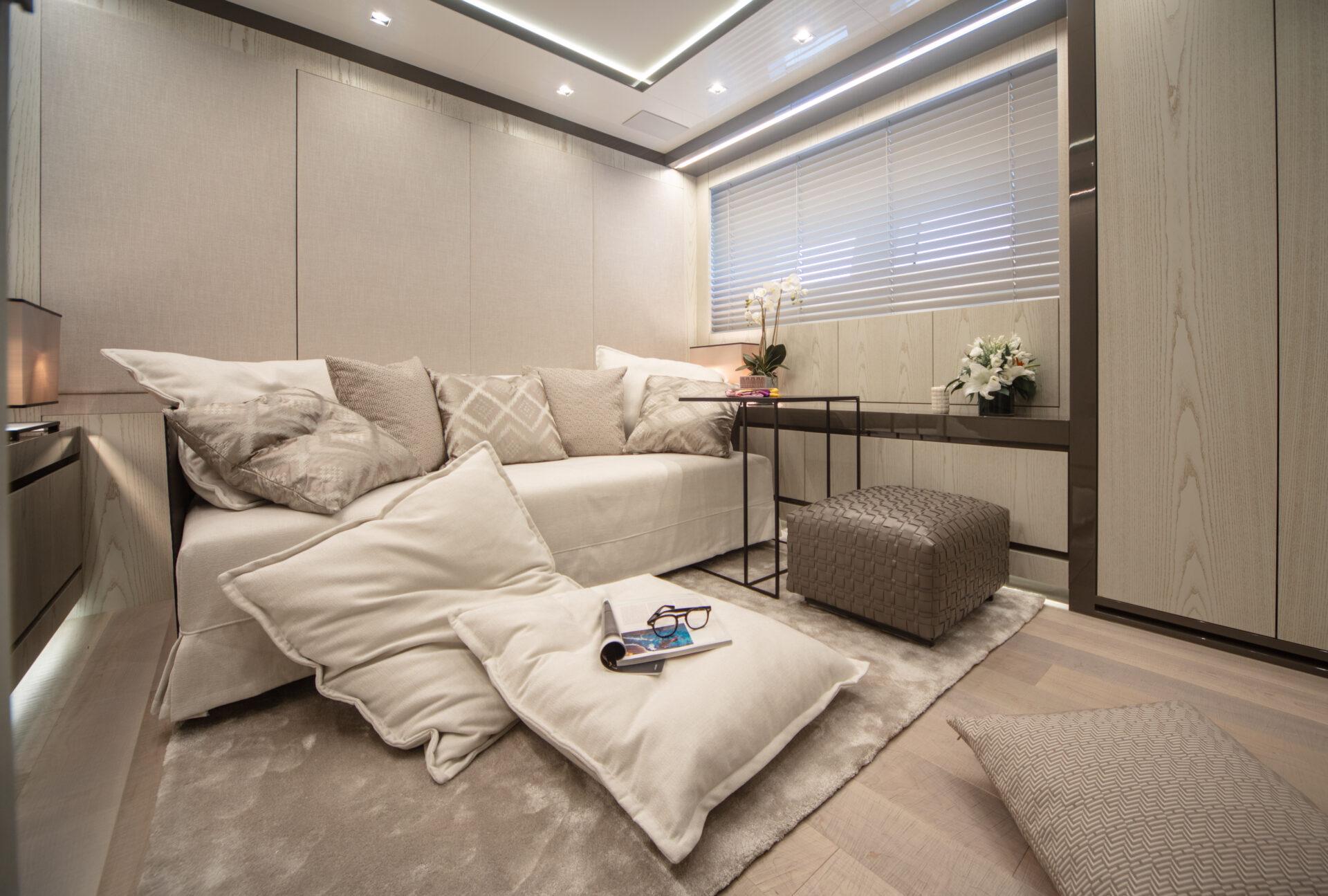 Luxurious yacht interior with plush cushions