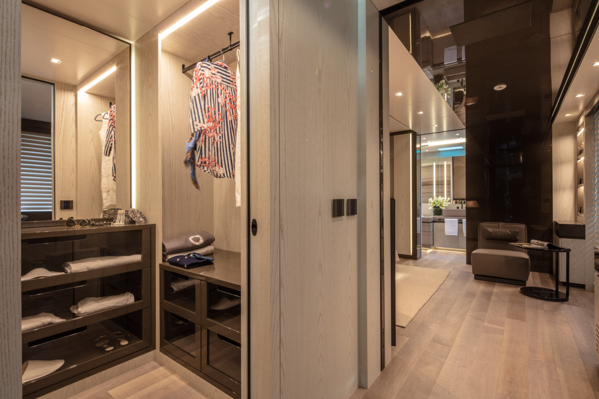 Luxurious yacht walk-in closet interior design