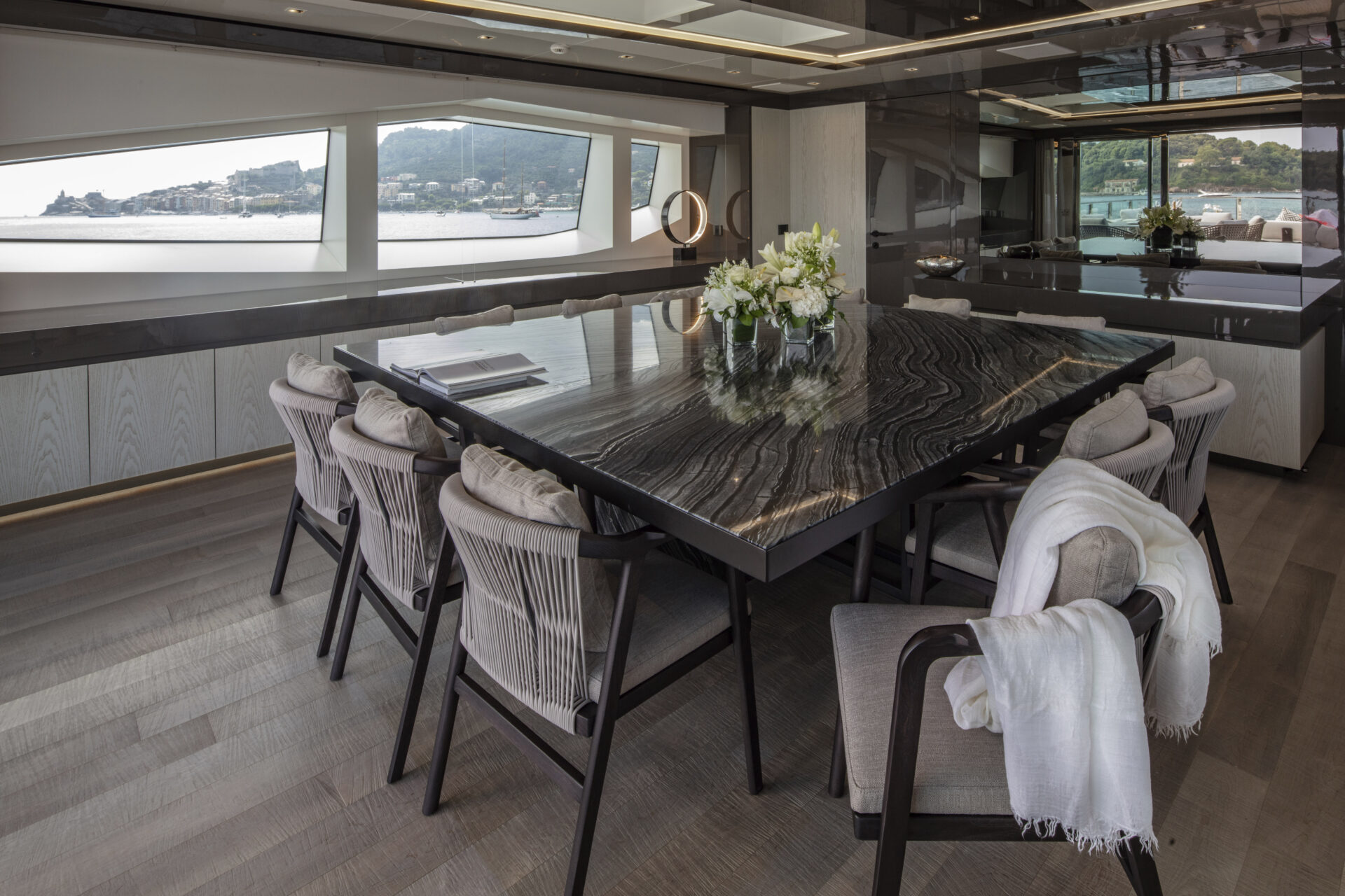 Luxury yacht dining area with elegant decor