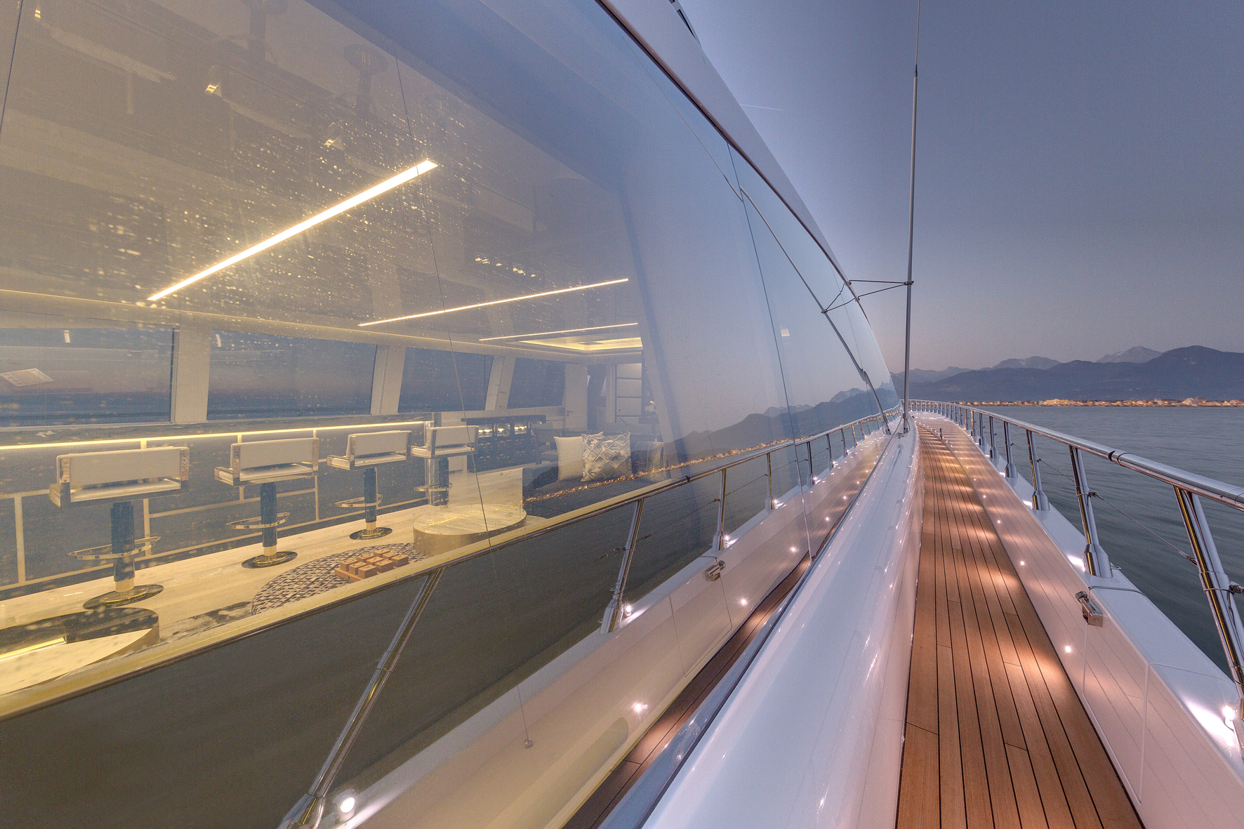 Luxury yacht deck at sunset, sleek modern design