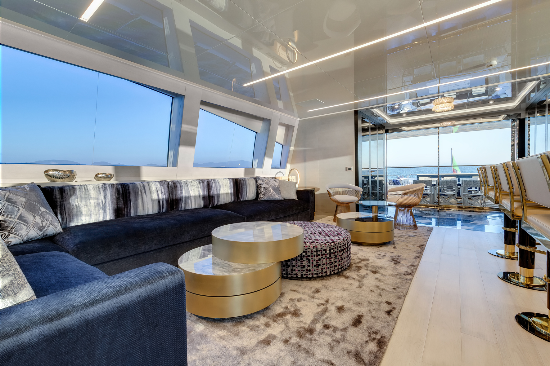 Luxurious yacht interior lounge with sea view