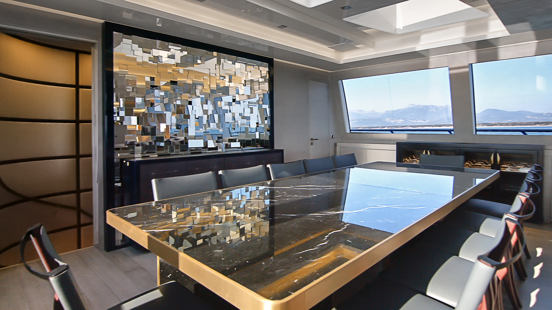 Luxurious yacht dining room interior with sea view