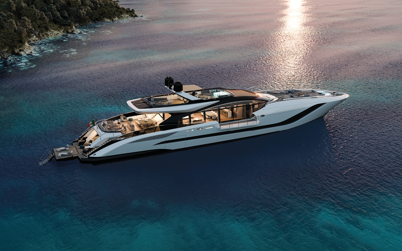 Mangusta Yachts luxury yacht cruising in sunset sea