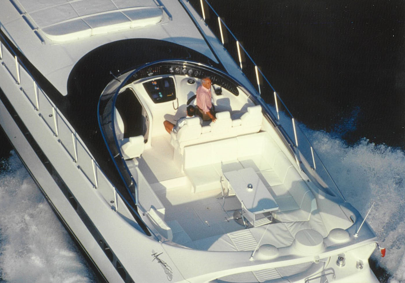 Luxury Mangusta yacht top deck view.