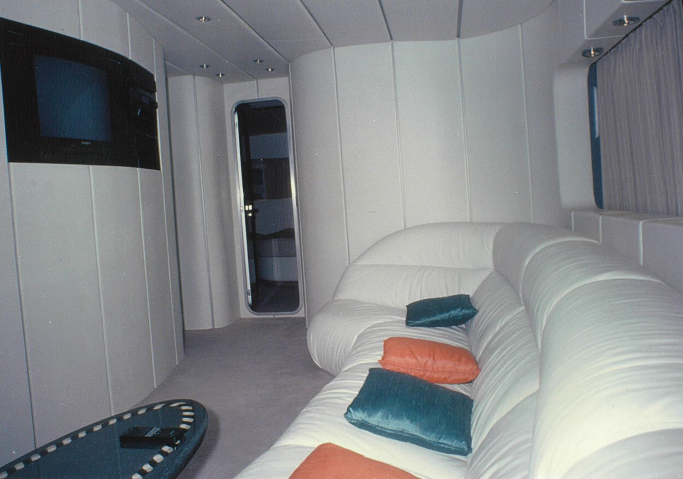 Luxurious yacht living room with modern sofa.