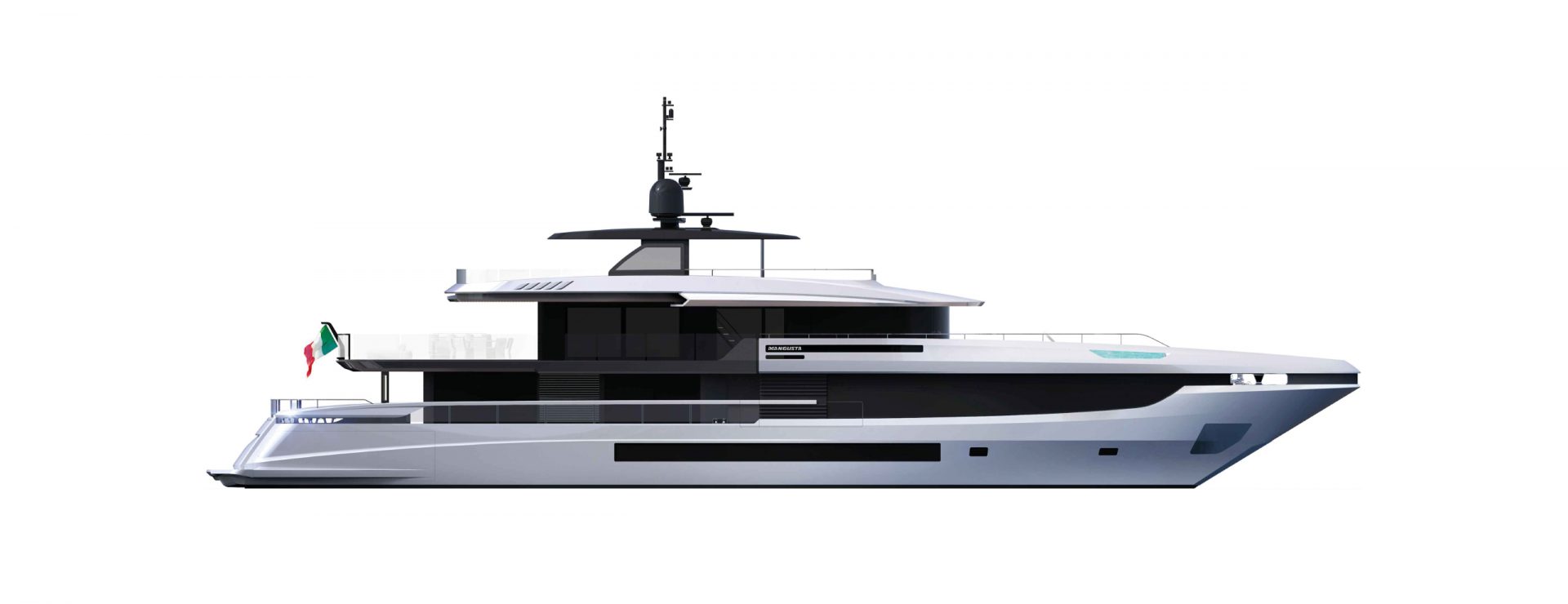 Yacht Mangusta moderno con design elegante e bandiera italiana.
