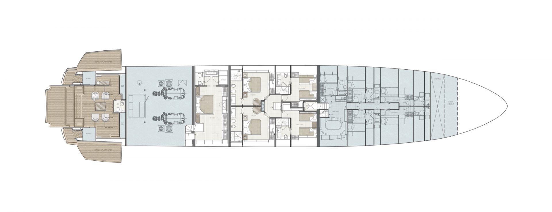 Mangusta Yacht floor plan with cabins and engines