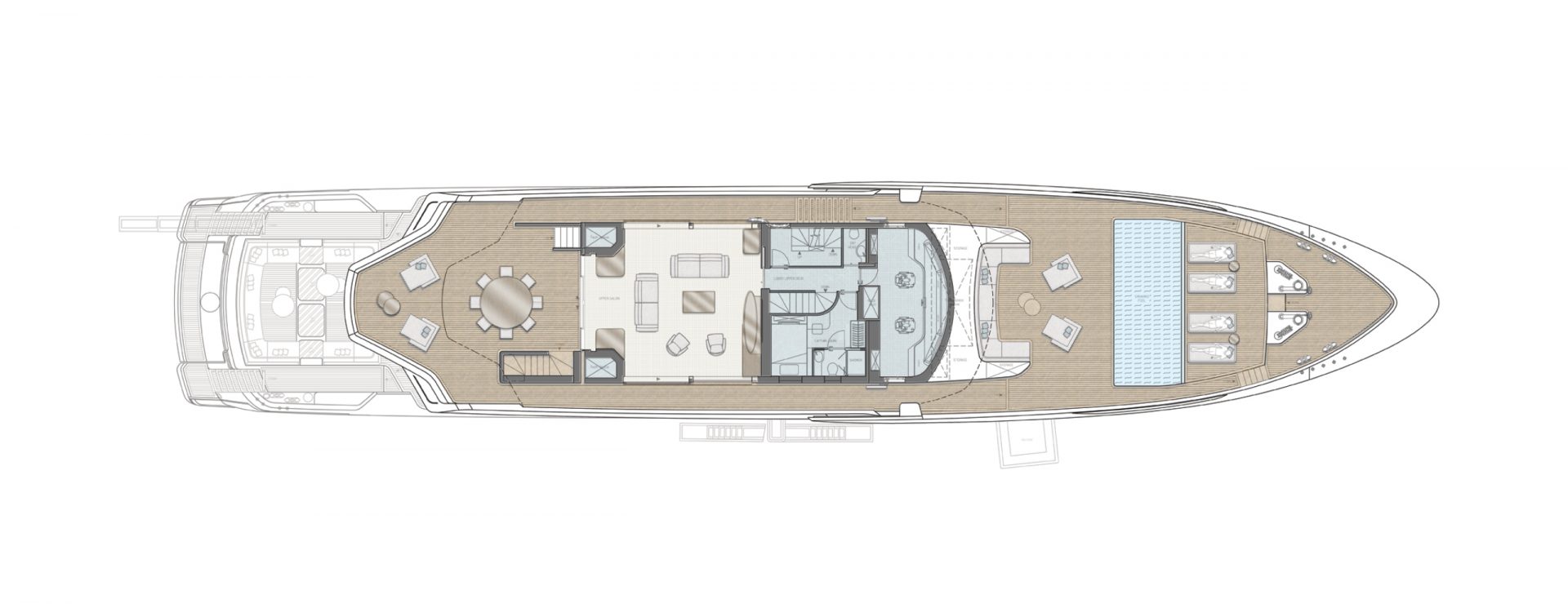 Mangusta yacht deck layout, top view