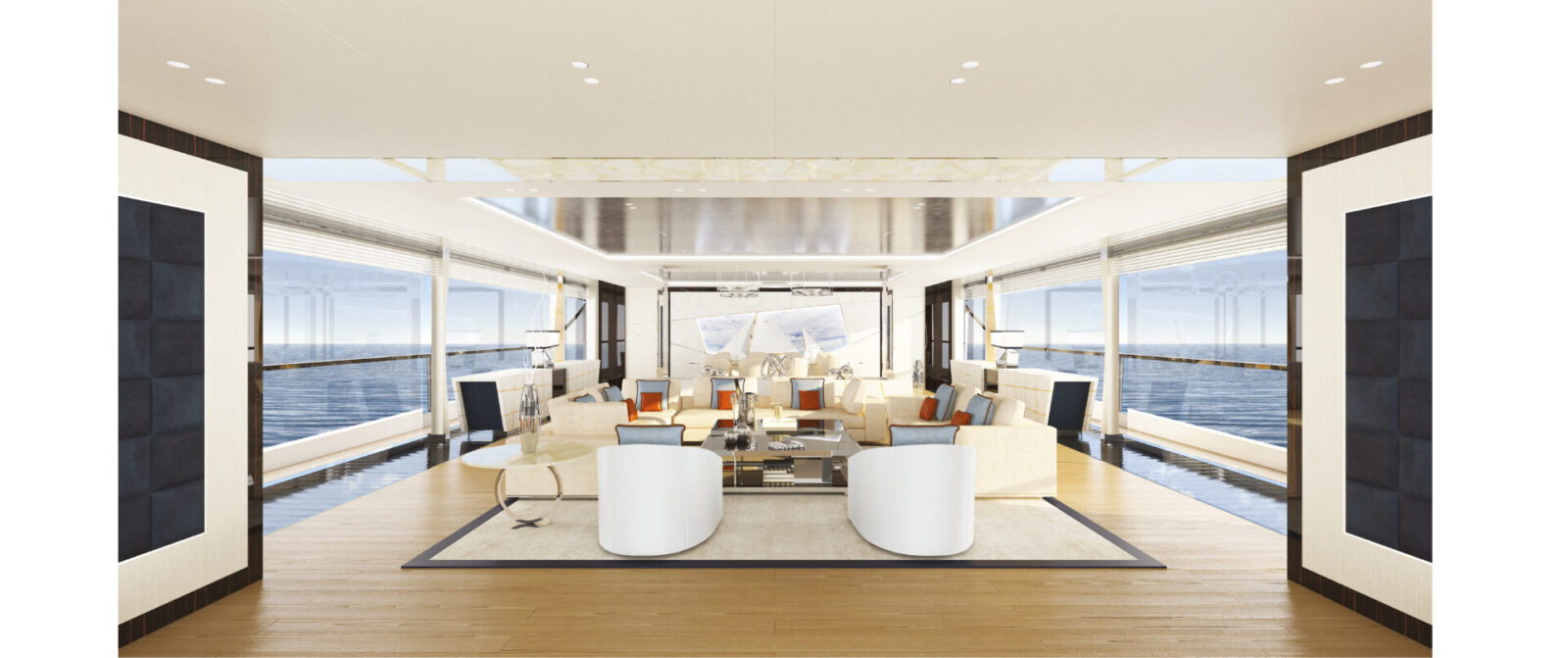 Salone lusso Mangusta Yachts con vista mare.