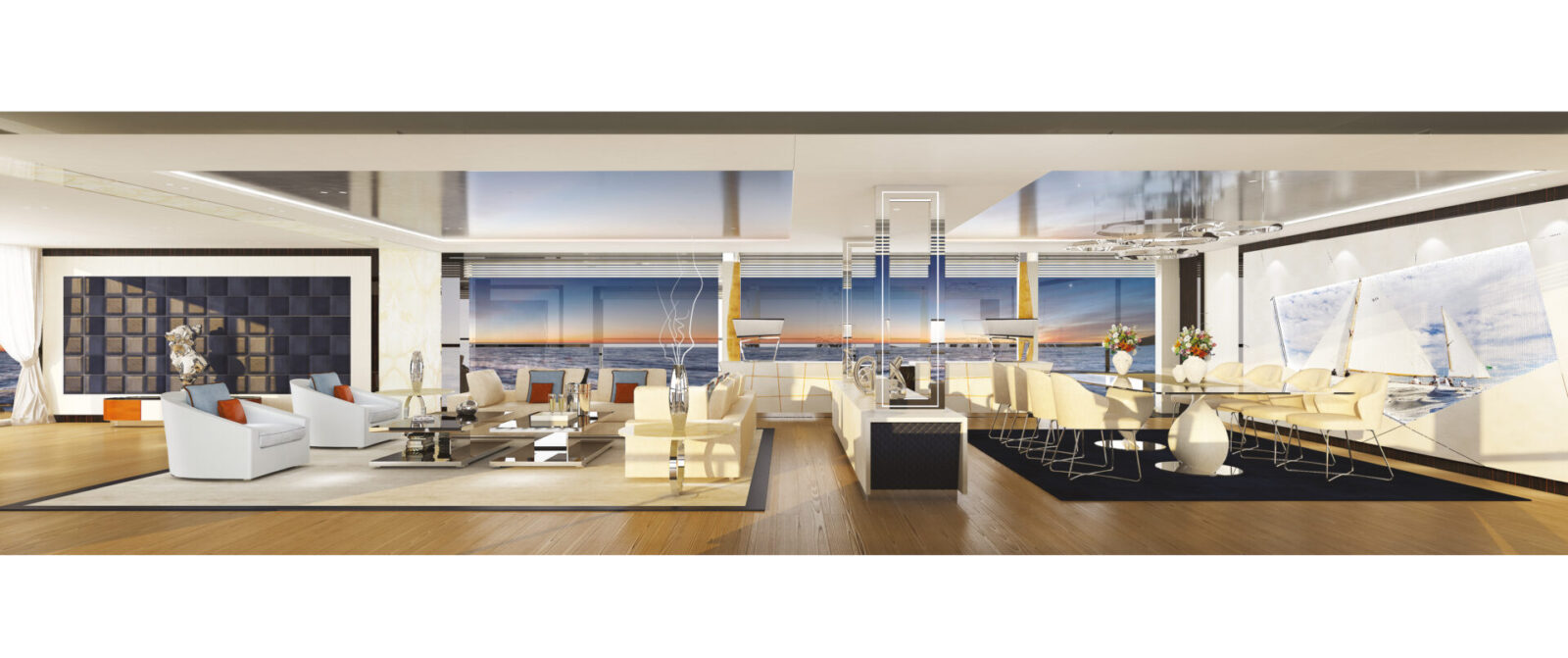 Interni lussuosi Mangusta Yachts con vista mare.