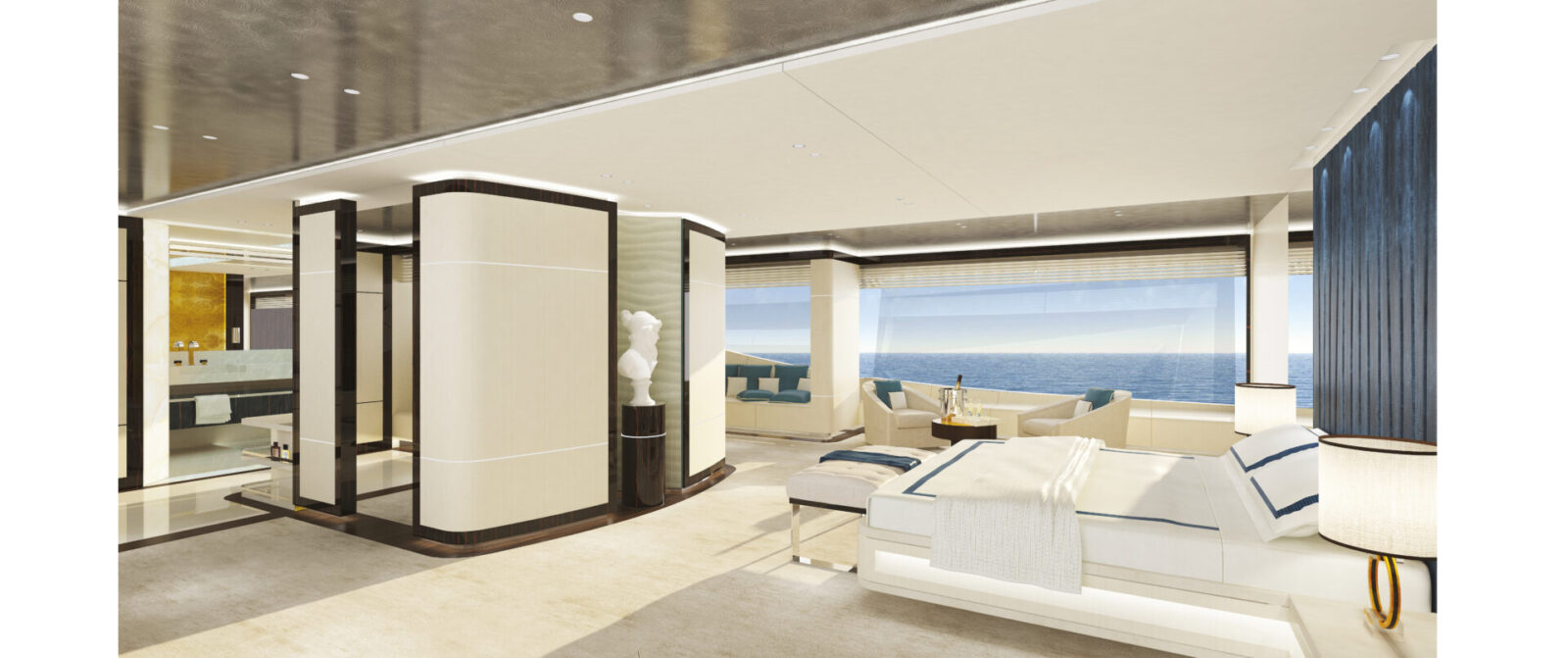 Interni di lusso di uno yacht Mangusta elegante.