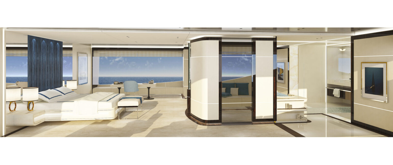 Interni lussuosi cabina Mangusta Yachts vista mare.